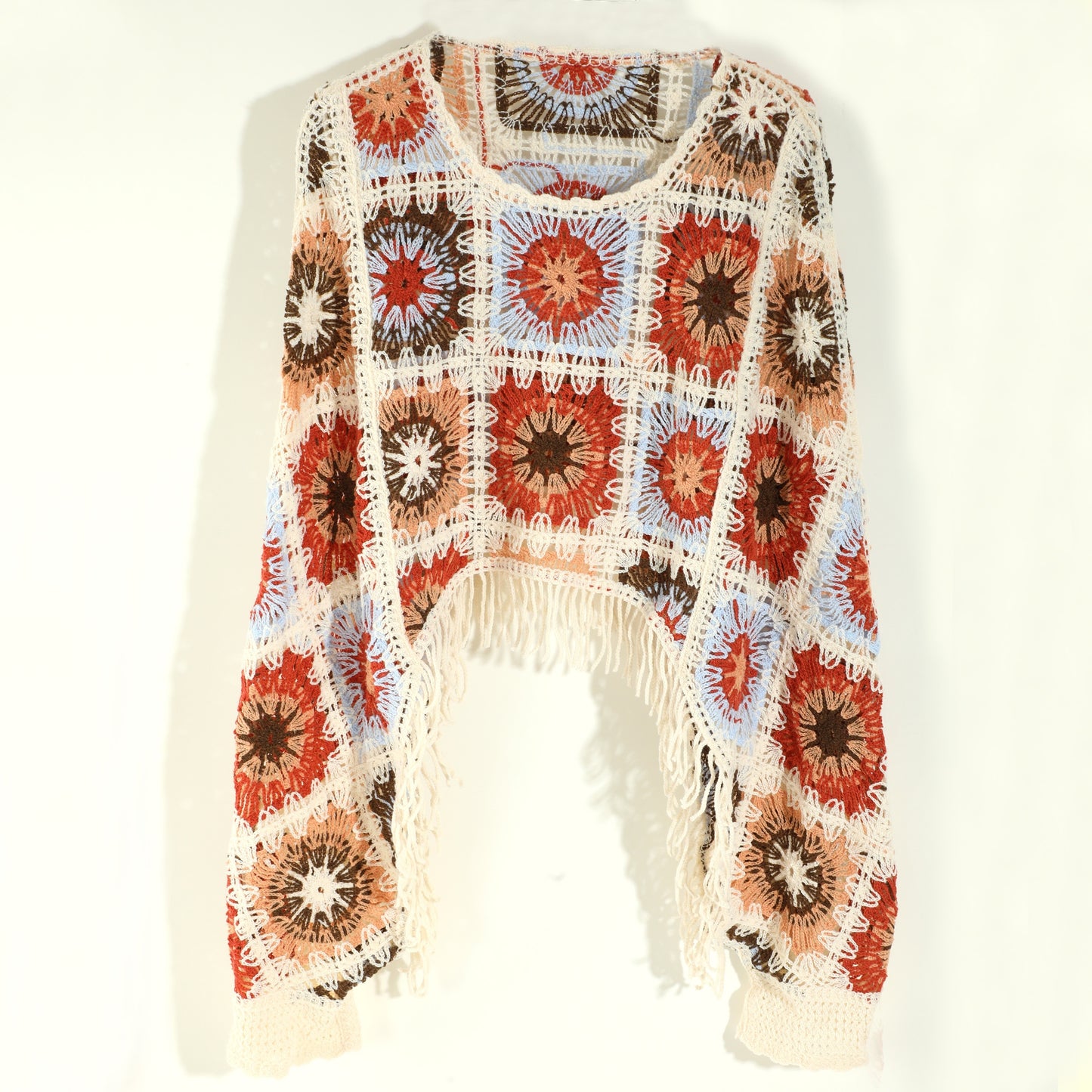 Sixsr Floral Hollow Out Tassel Shawl Elegant Long-sleeved Pullover Shawl Casual Daily Travel Versatile Coat