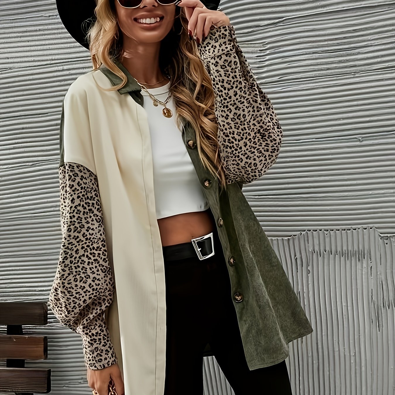 Sixsr Leopard Print Color Block Jacket, Casual Flap Pockets Lantern Sleeve Outwear For Spring & Fall, Women's Clothing
