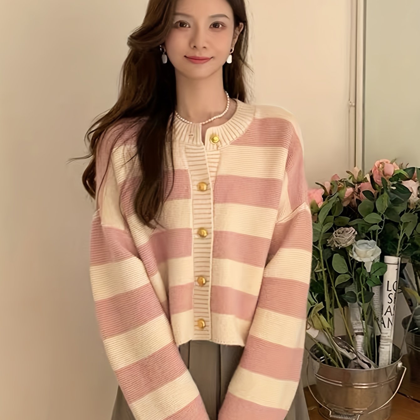 Sixsr Striped Button Front Cardigan, Casual Long Sleeve Knitted Cardigan, Women's Clothing