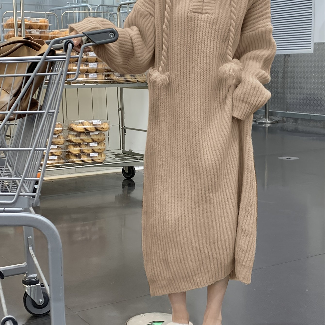 Sixsr Solid Long Sleeve Hooded Knit Dress, Casual Drawstring Thermal Dress For Fall & Winter, Women's Clothing