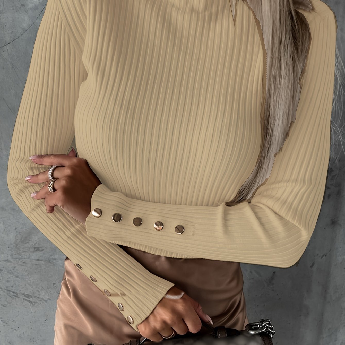 Sixsr High Neck Ribbed Thin Fabric Top, Casual Button Long Sleeve Pullover, Women's Clothing