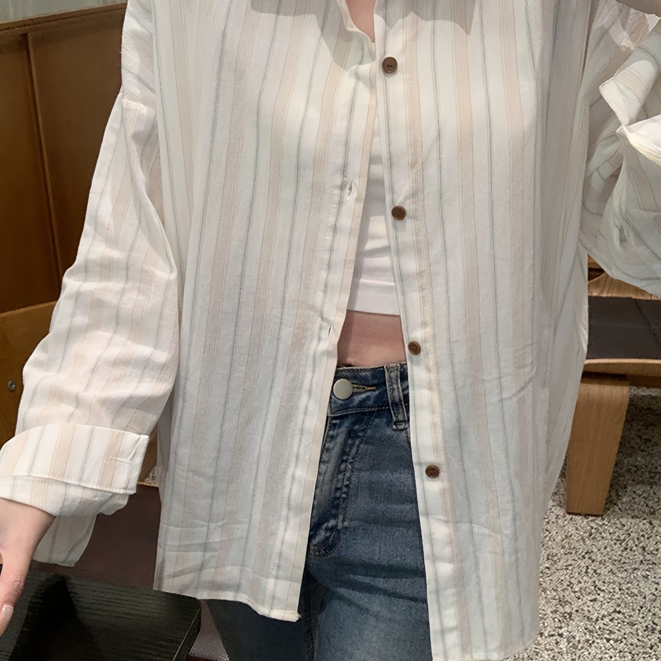 Sixsr Striped Print Button Front Shirt, Casual Long Sleeve Shirt For Spring & Fall, Women's Clothing