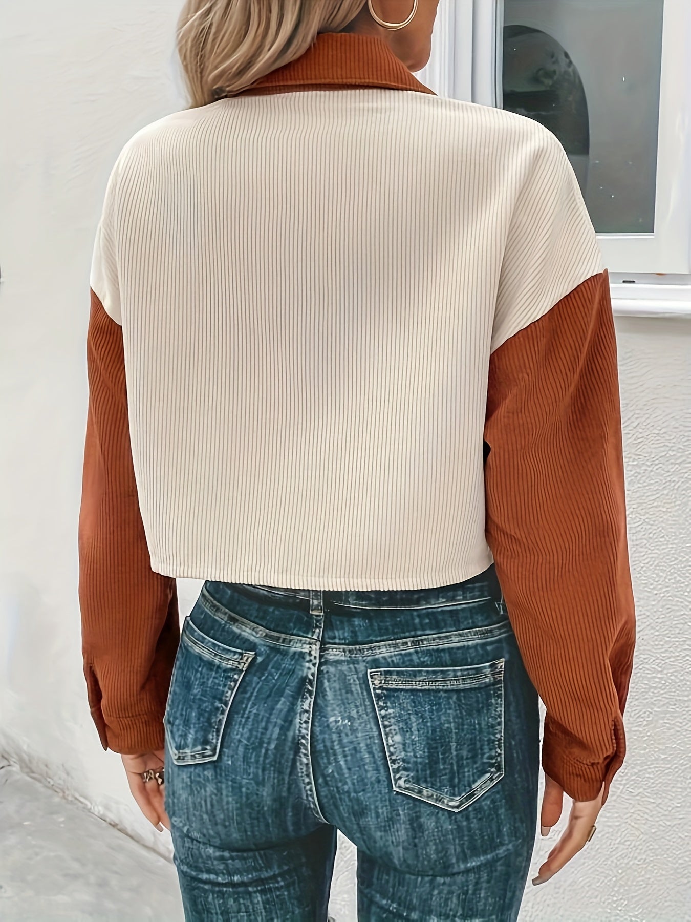 Sixsr Corduroy Color Block Button Front Jacket, Casual Long Sleeve Drop Shoulder Lapel Outwear For Spring & Fall, Women's Clothing