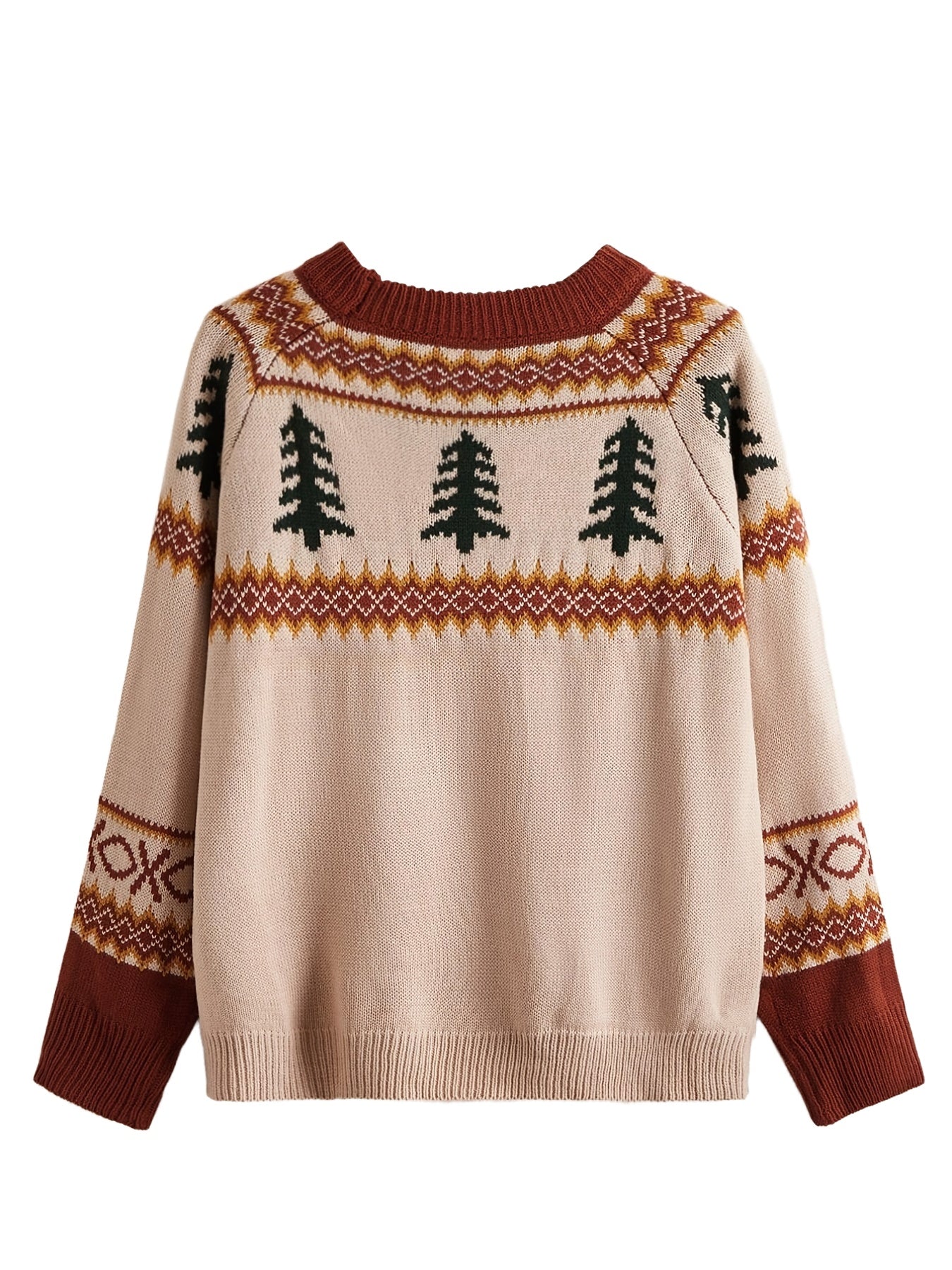 Sixsr Plus Size Christmas Jacquard Long Sleeve Sweater, Women's Plus Slight Stretch Casual Pullover Sweater