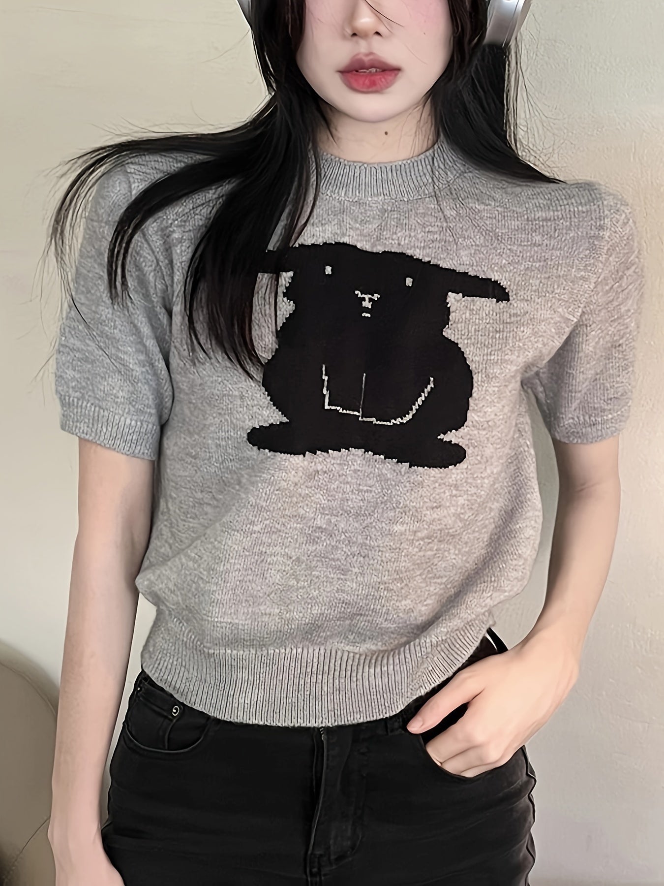 Sixsr Graphic Pattern Crew Neck Knitted Top, Casual Short Sleeve Sweater For Spring & Summer, Women's Clothing