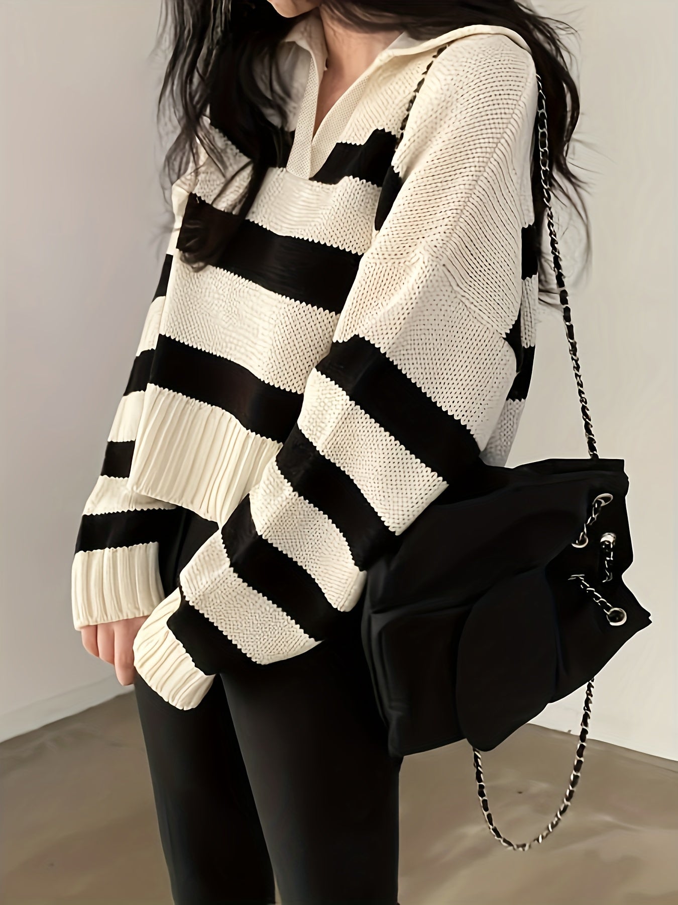 Sixsr Striped Turndown Collar Pullover Sweater, Casual Long Sleeve Loose Sweater, Women's Clothing