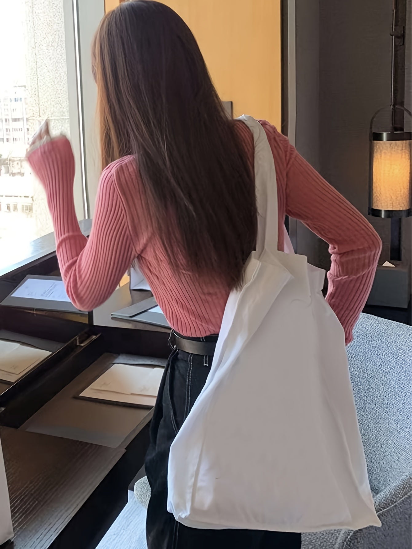 Sixsr Contrast Trim Crew Neck Knitted Top, Casual Long Sleeve Inner Wear Slim Pullover Sweater, Women's Clothing