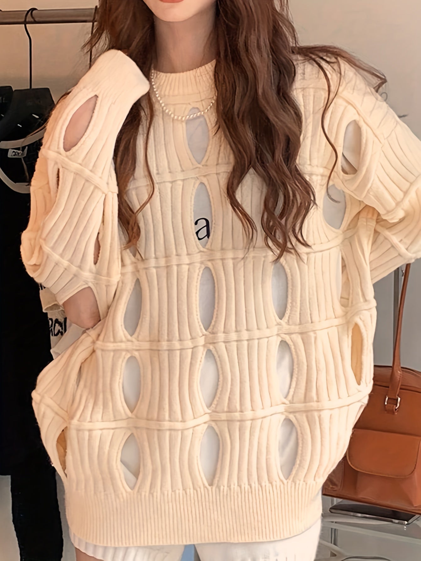 Sixsr Solid Cut Out Pullover Sweater, Casual Long Sleeve Loose Stylish Sweater, Women's Clothing