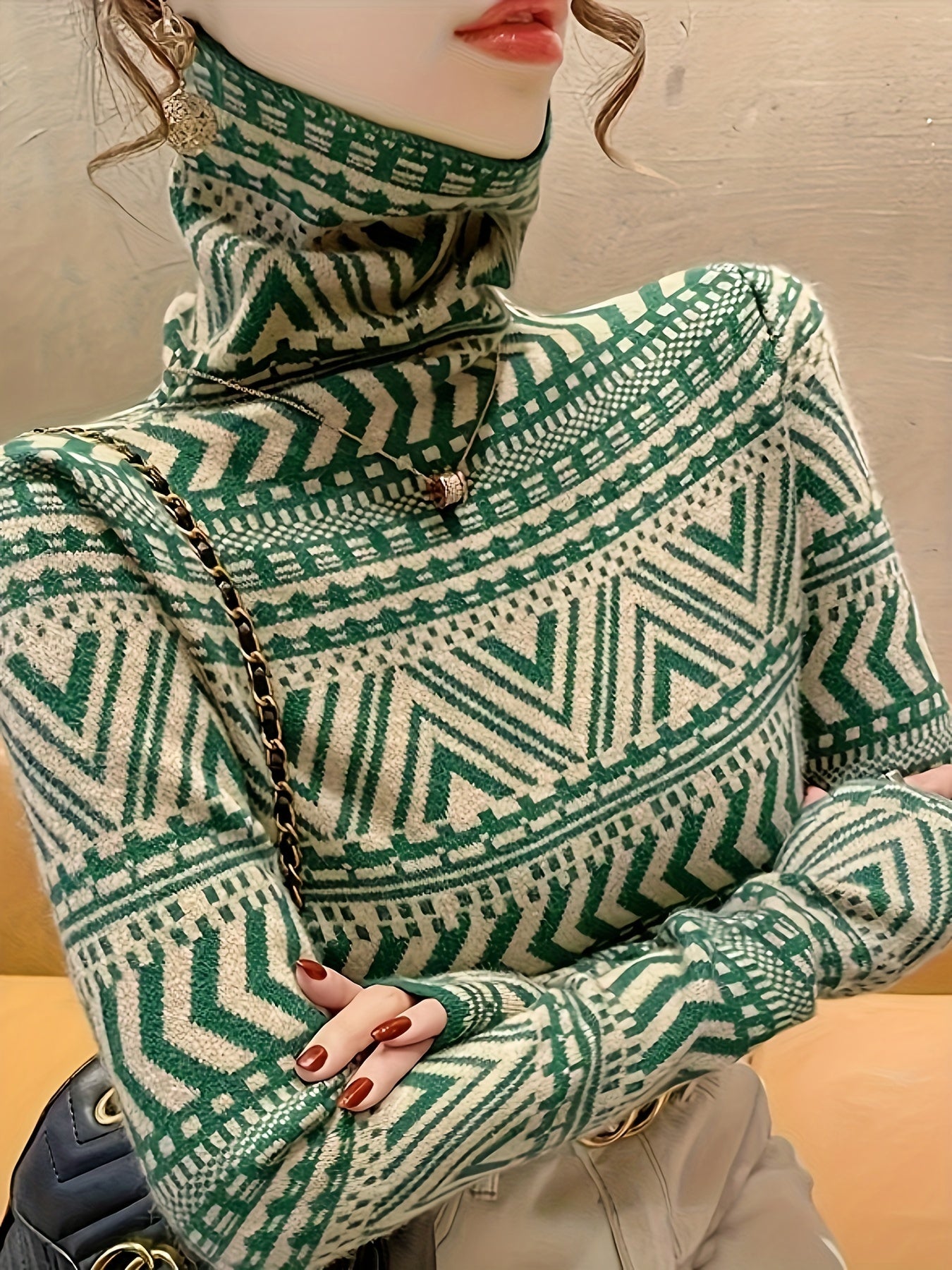 Sixsr Geo Pattern Turtle Neck Pullover Sweater, Elegant Long Sleeve Fashion Slim Sweater, Women's Clothing