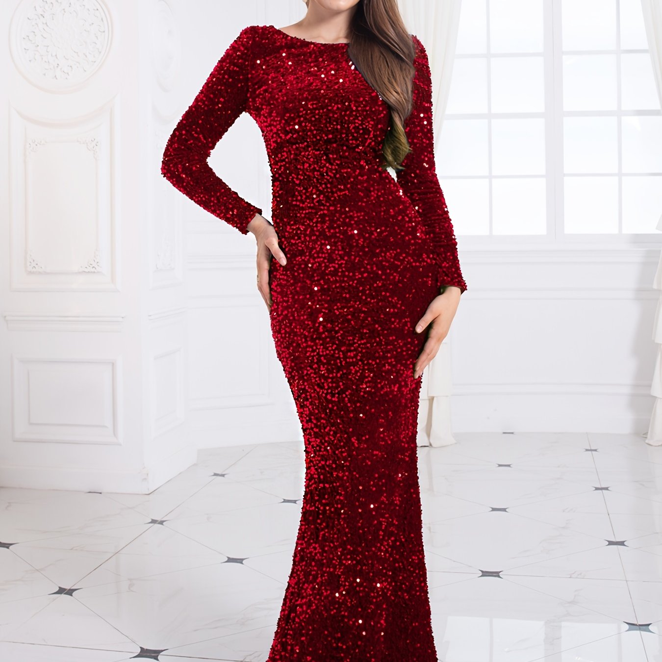 Sixsr Contrast Sequin Mermaid Hem Dress, Elegant Long Sleeve Evening Party Dress, Women's Clothing