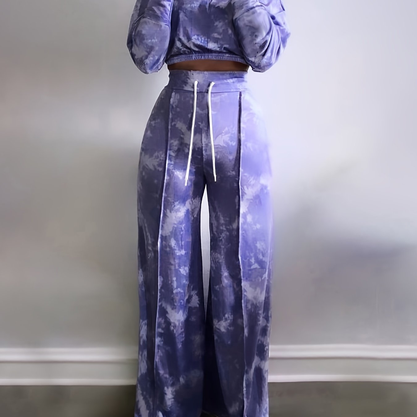 Sixsr Tie Dye Two-piece Set, Asymmetrical Neck Long Sleeve Crop Top & Drawstring Wide Leg Pants Outfits, Women's Clothing