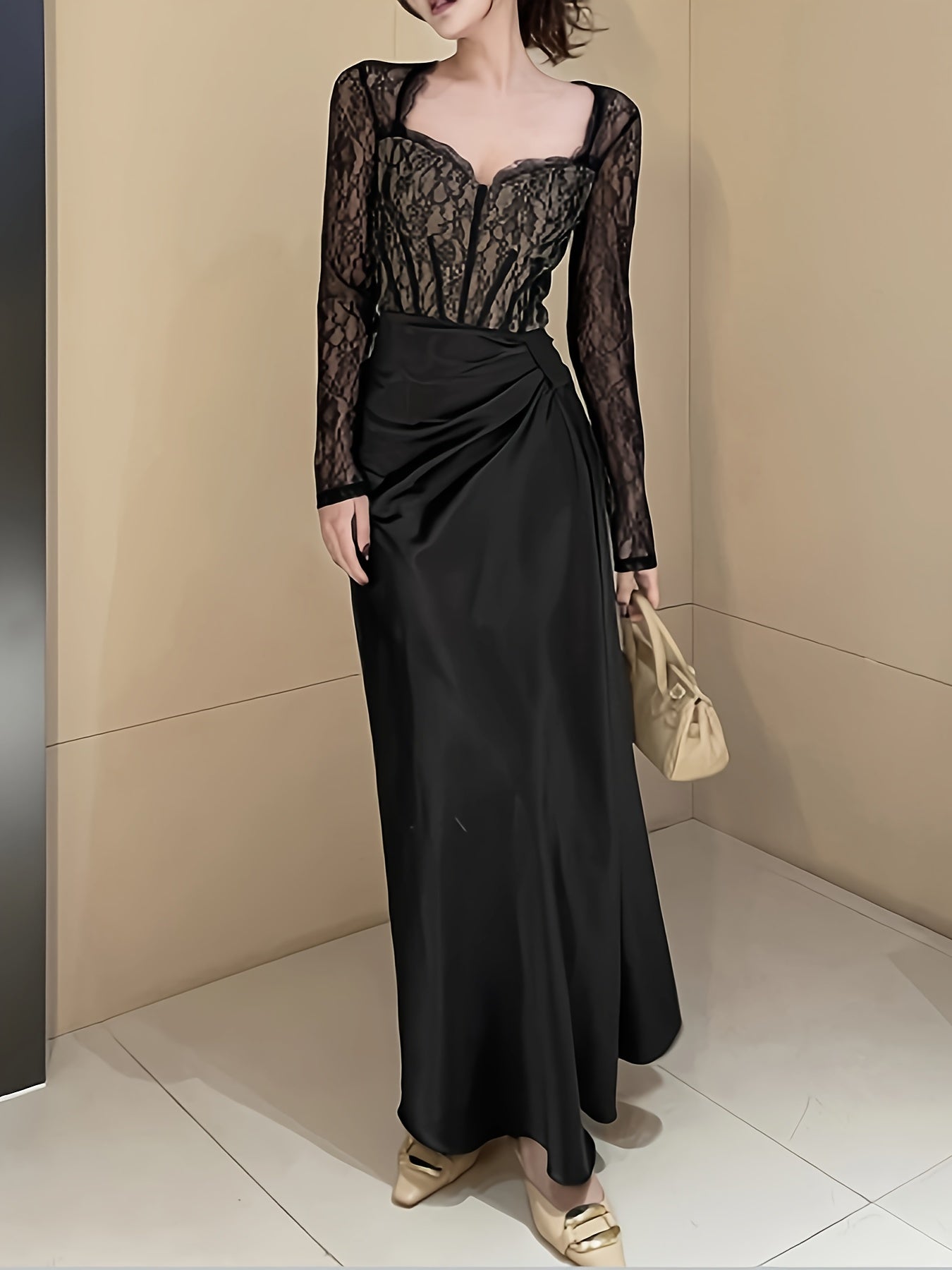 Sixsr Contrast Lace Splicing Dress, Elegant Long Sleeve Dress For Party & Banquet, Women's Clothing