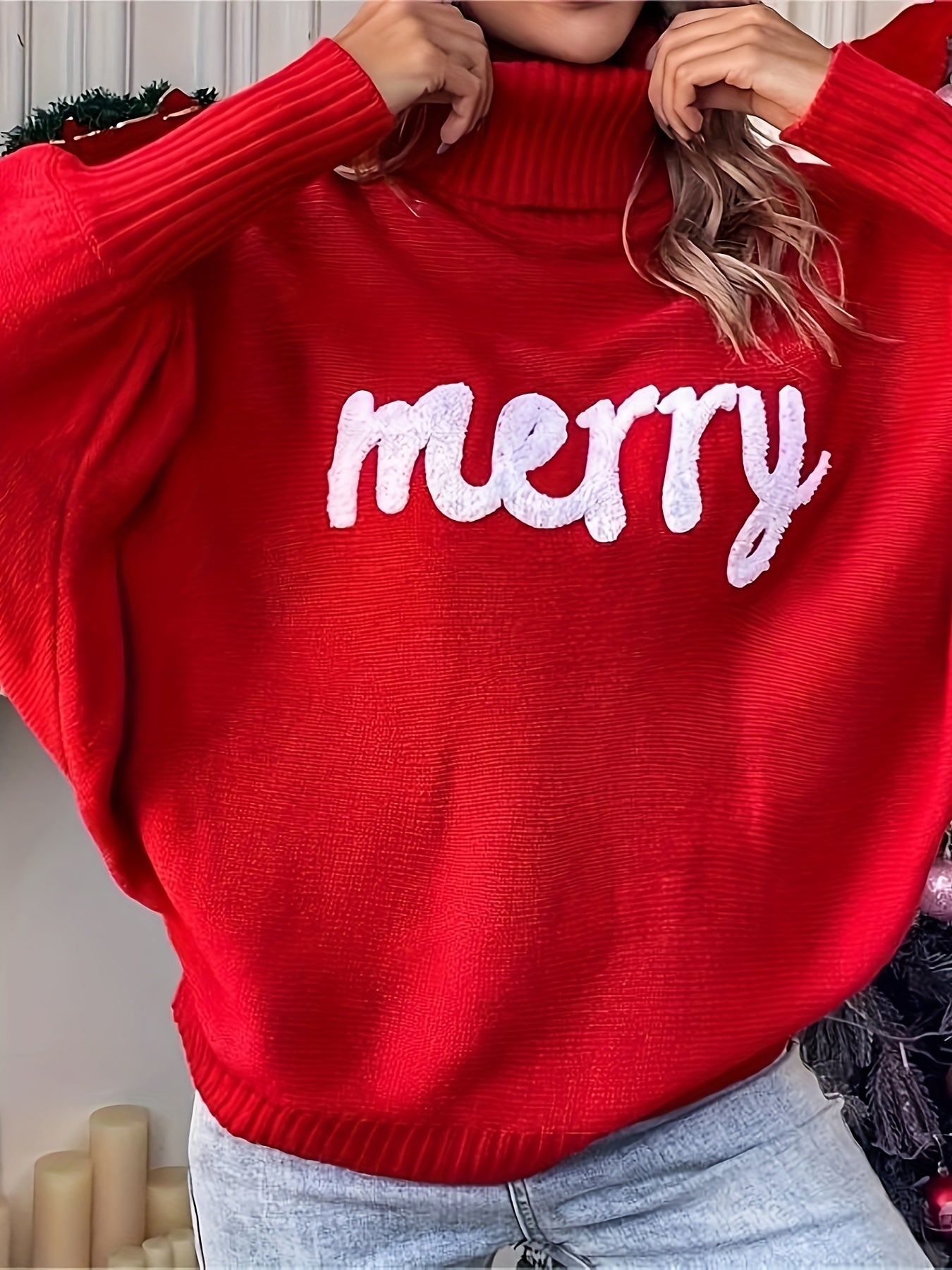 Sixsr Plus Size Casual Sweater, Women's Plus Letter Patch Bat Sleeve Turtle Neck Pullover Sweater