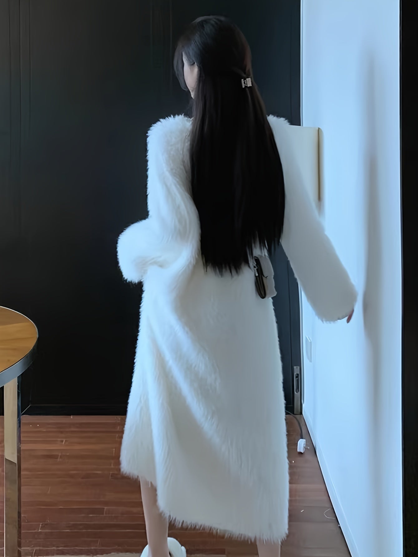 Sixsr Solid Faux Fur Long Sleeve Dress, Thermal V Neck Dress For Fall & Winter, Women's Clothing