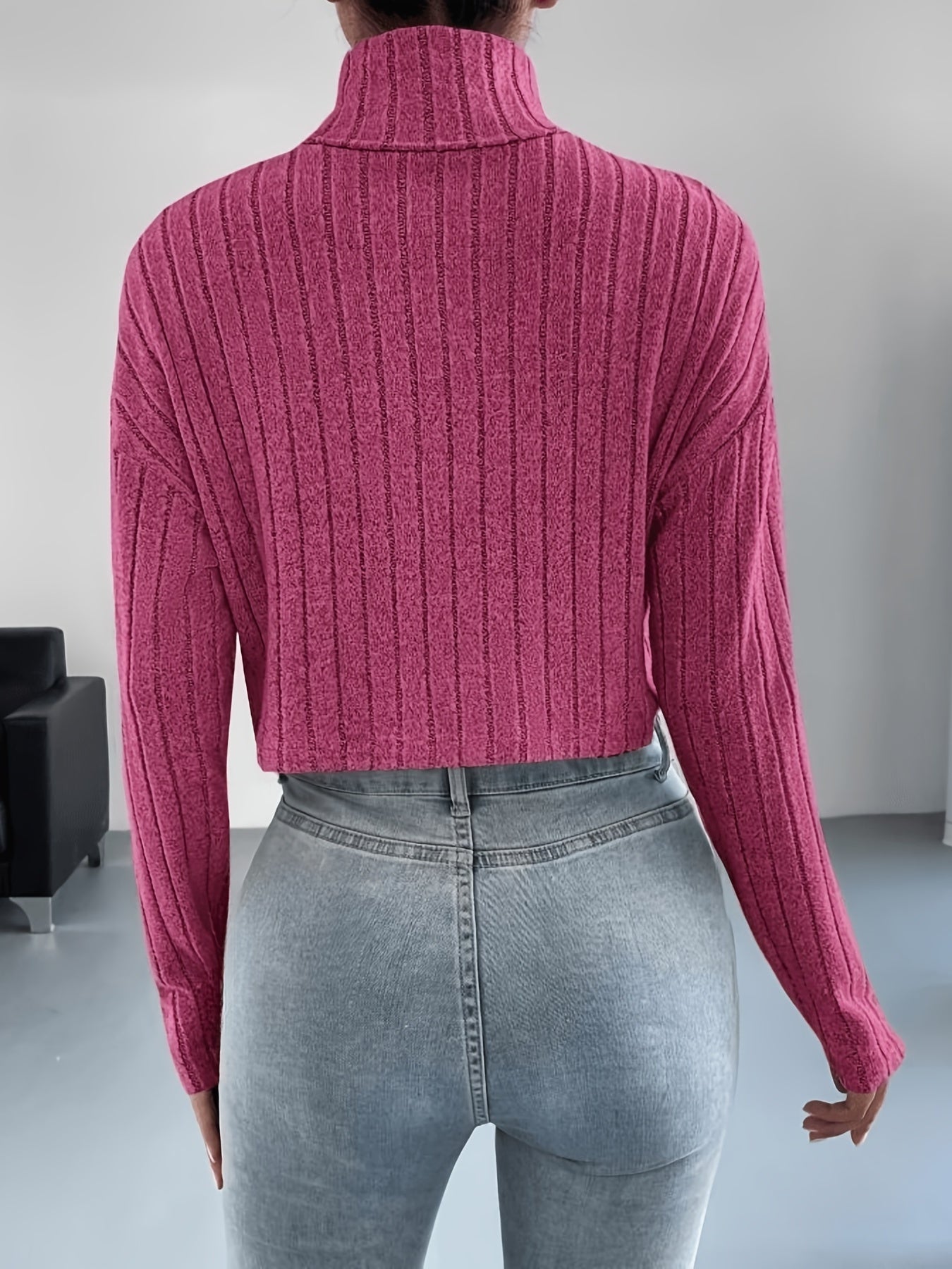 Sixsr Solid Ribbed Turtleneck Crop T-Shirt, Casual Long Sleeve Top For Spring & Fall, Women's Clothing