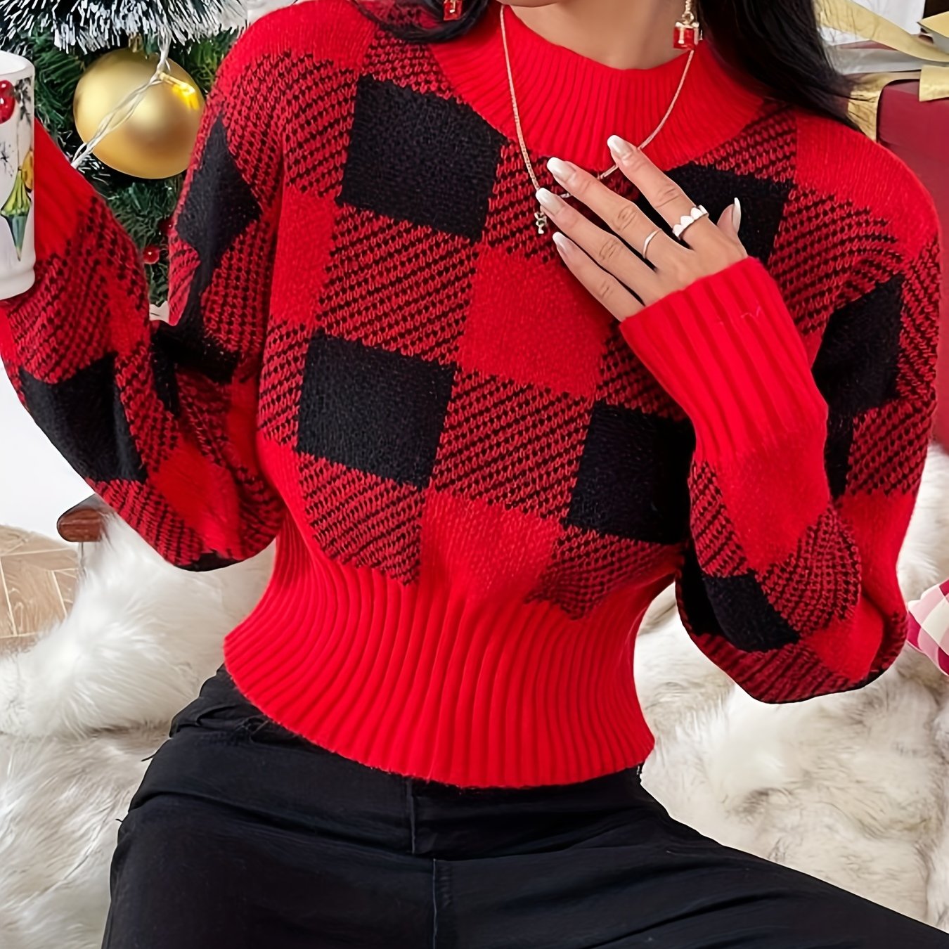 Sixsr Christmas Plaid Mock Neck Pullover Sweater, Casual Cinched Waist Long Sleeve Sweater, Women's Clothing