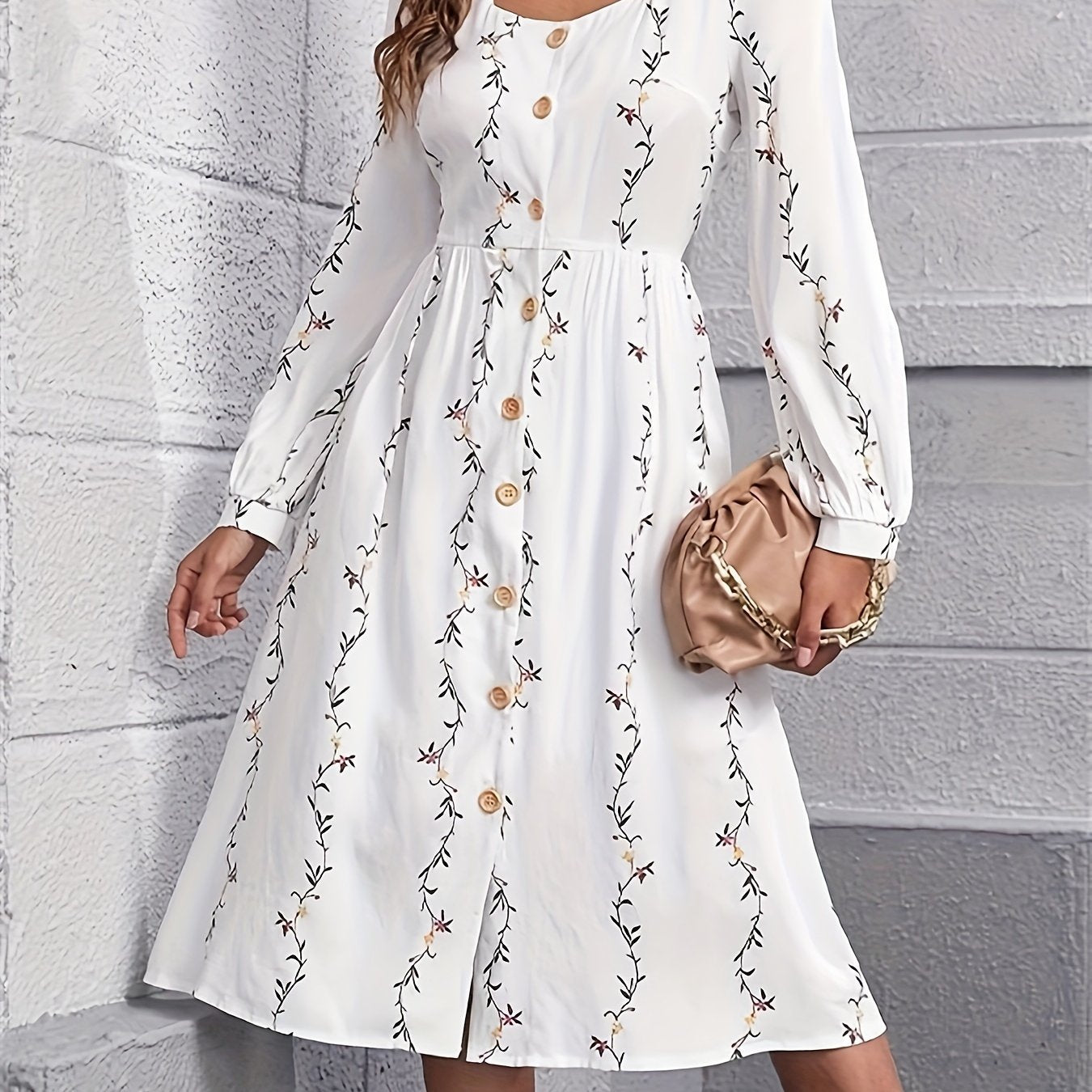 Sixsr Floral Print Button Front Dress, Elegant Long Sleeve A-line Dress, Women's Clothing
