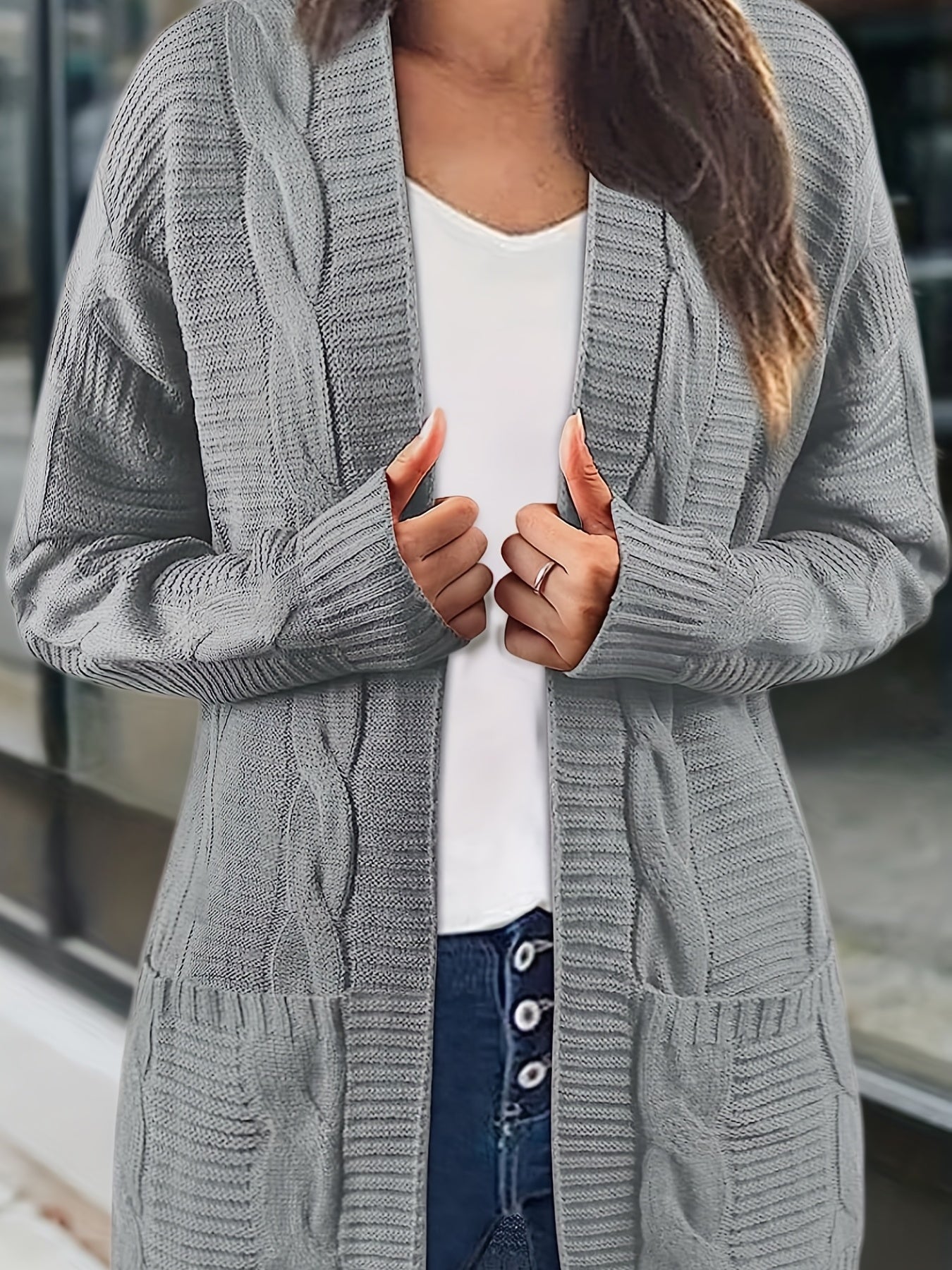 Sixsr Solid Cable Knit Cardigan, Casual Open Front Long Sleeve Sweater, Women's Clothing