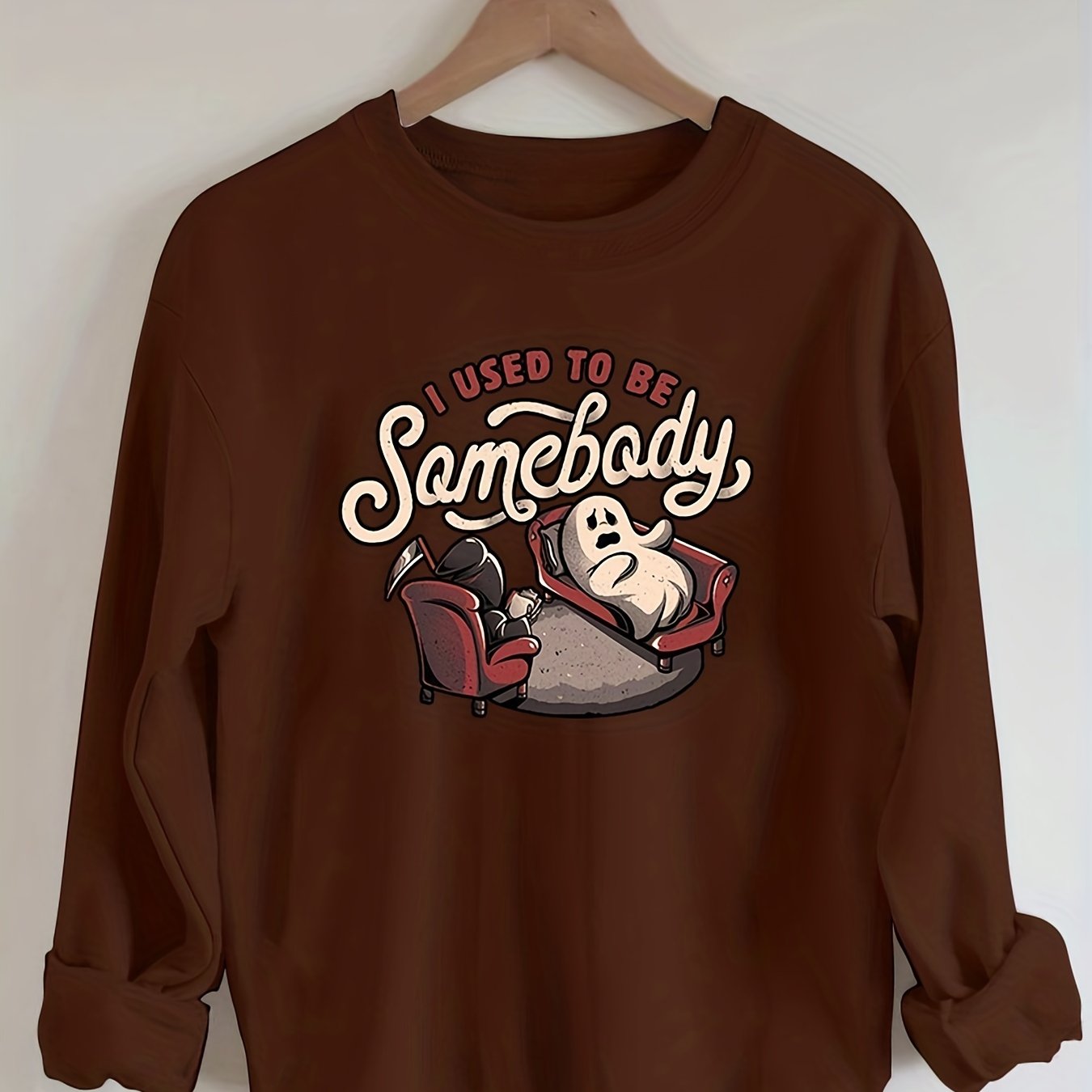 Sixsr Plus Size Halloween Sweatshirt, Women's Plus Funny Ghost & Slogan Print Long Sleeve Round Neck Slight Stretch Party Sweatshirt