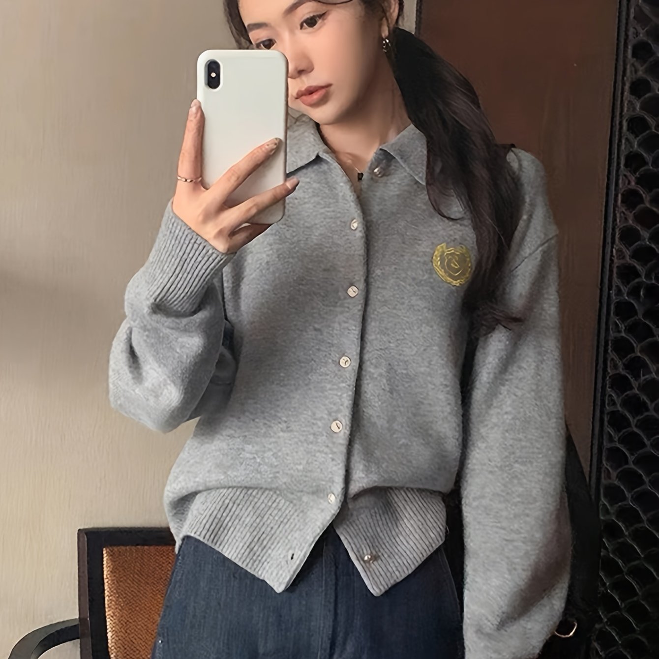 Sixsr Badge Pattern Button Up Knit Cardigan, Casual Turndown Collar Long Sleeve Sweater, Women's Clothing