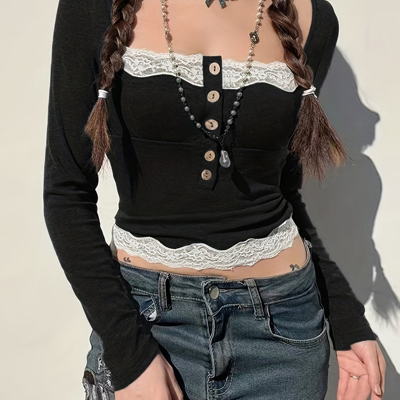 Sixsr Contrast Lace Button Front Square Neck T-Shirt, Y2K Long Sleeve Top For Spring & Fall, Women's Clothing