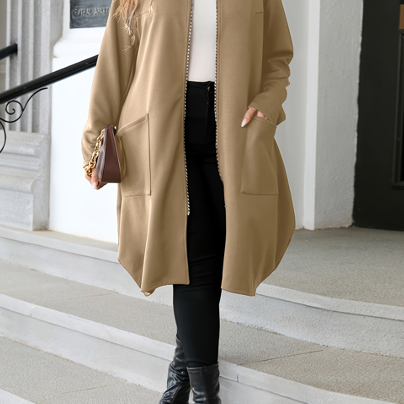 Sixsr Plus Size Casual Coat, Women's Plus Solid Zipper Long Sleeve Slight Stretch Hooded Oversized Coat With Pockets