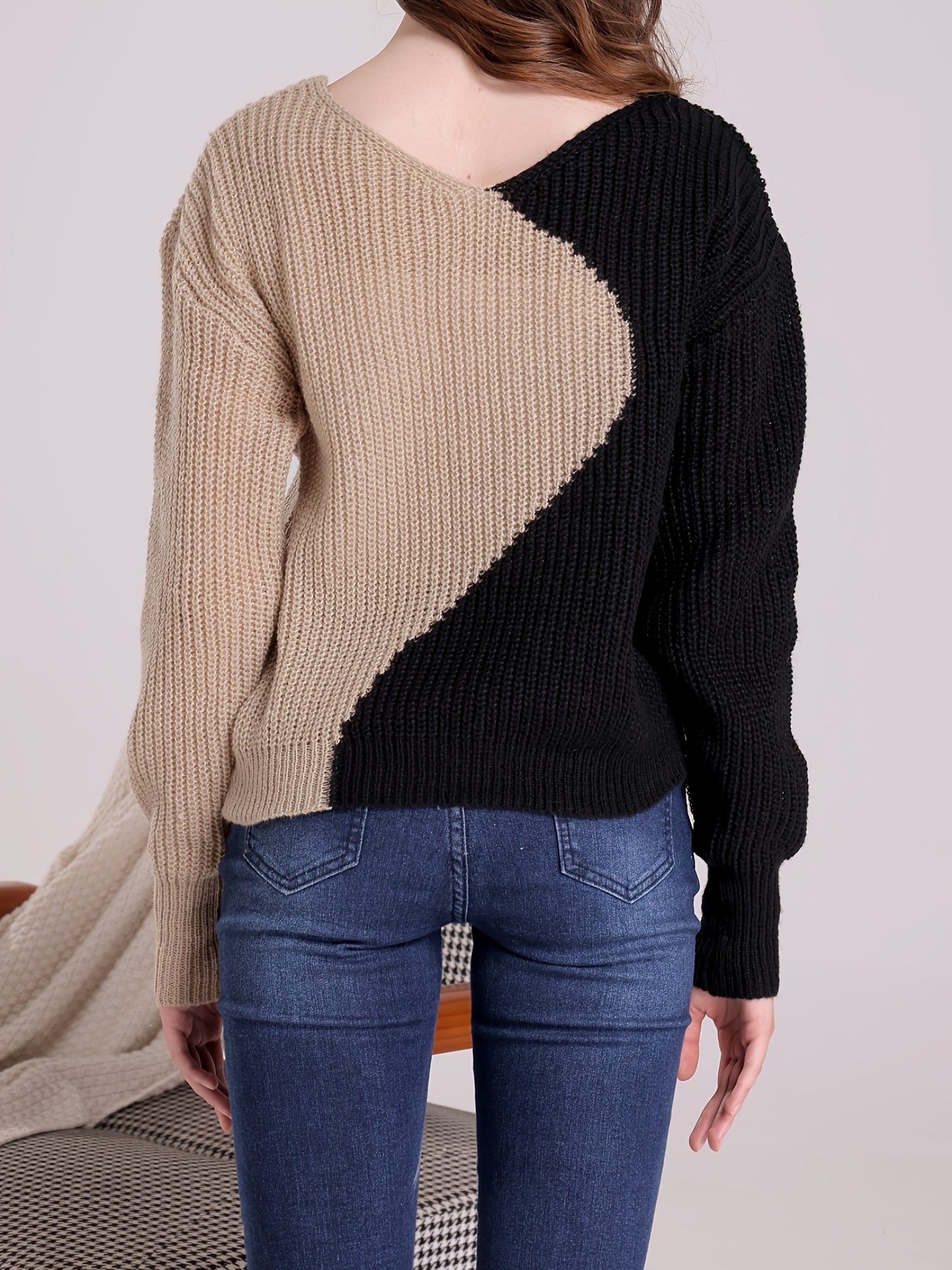 Sixsr Color Block Drop Shoulder Sweater, Casual V-neck Long Sleeve Sweater, Women's Clothing