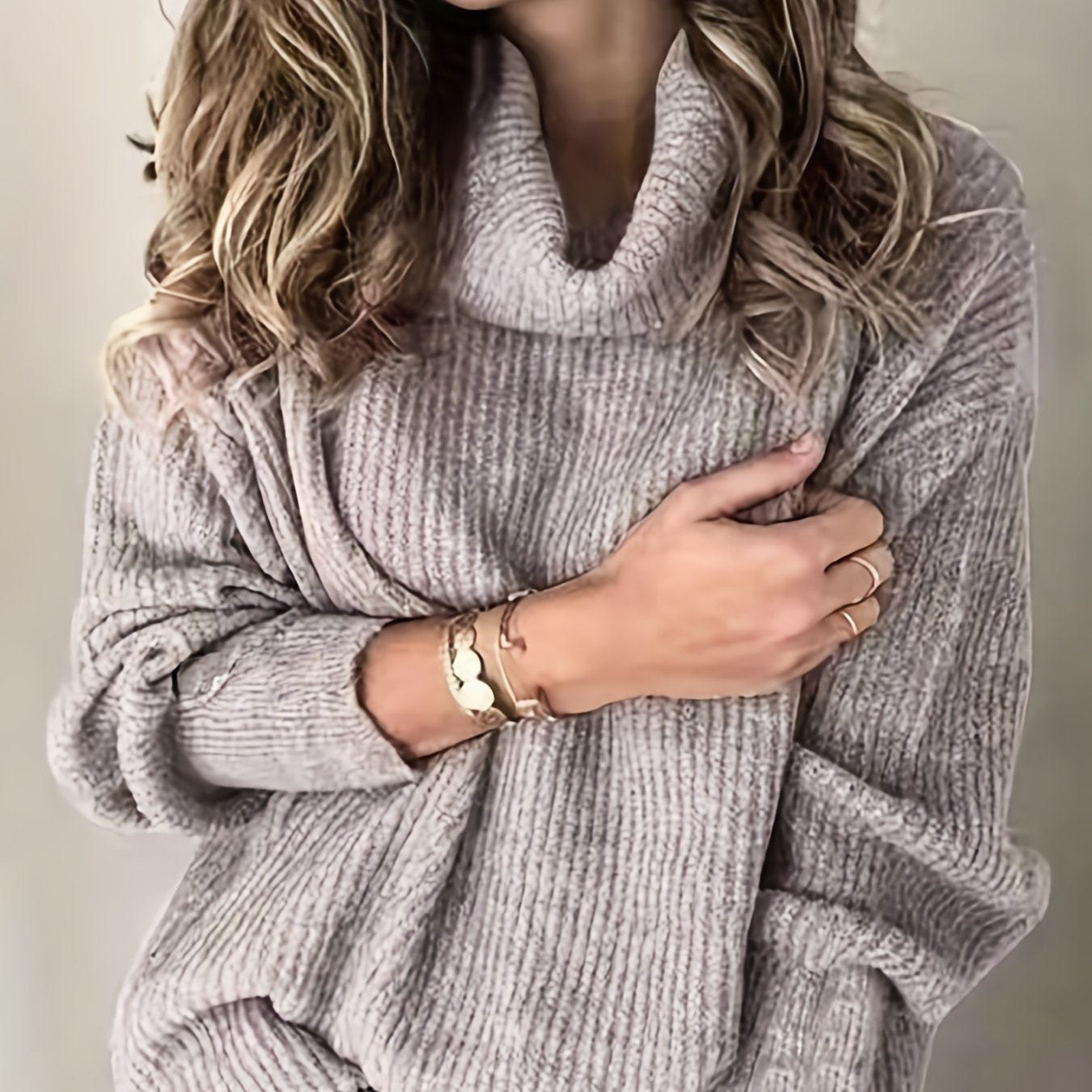 Sixsr Plus Size Casual Sweater, Women's Plus Solid Ribbed Turtle Neck Long Sleeve Medium Stretch Sweater