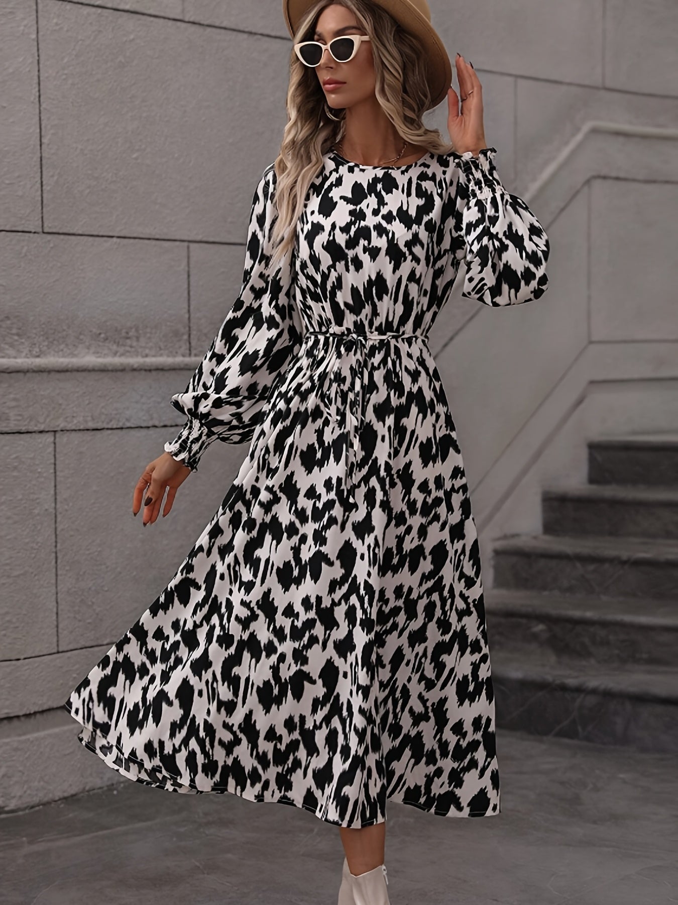 Leopard Print Crew Neck Dress, Elegant Long Sleeve Dress For Spring & Summer, Women's Clothing