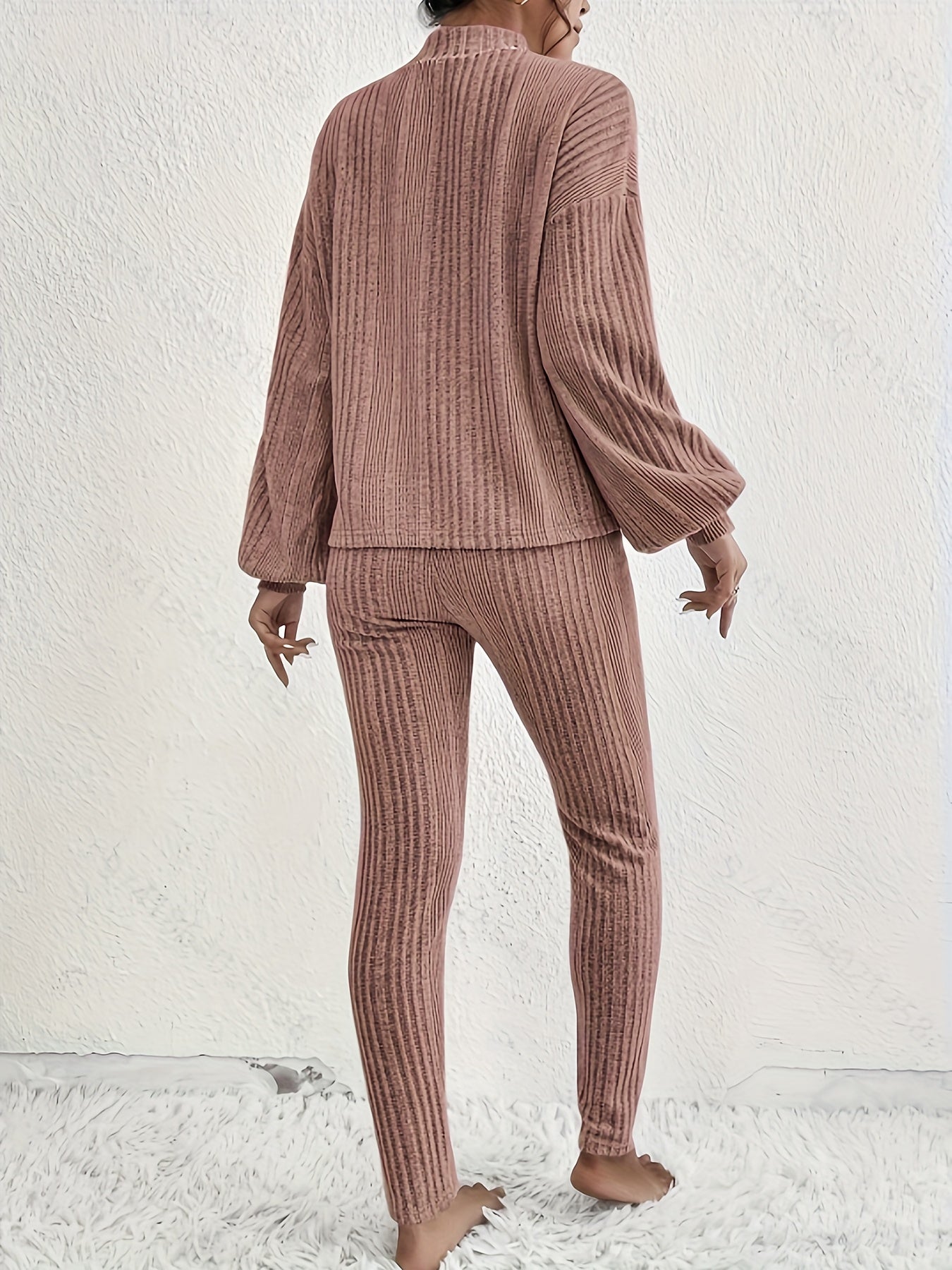 Sixsr Casual Ribbed Knit Two-piece Set, Lantern Sleeve Top & Drawstring Slim Pants Outfits, Women's Clothing