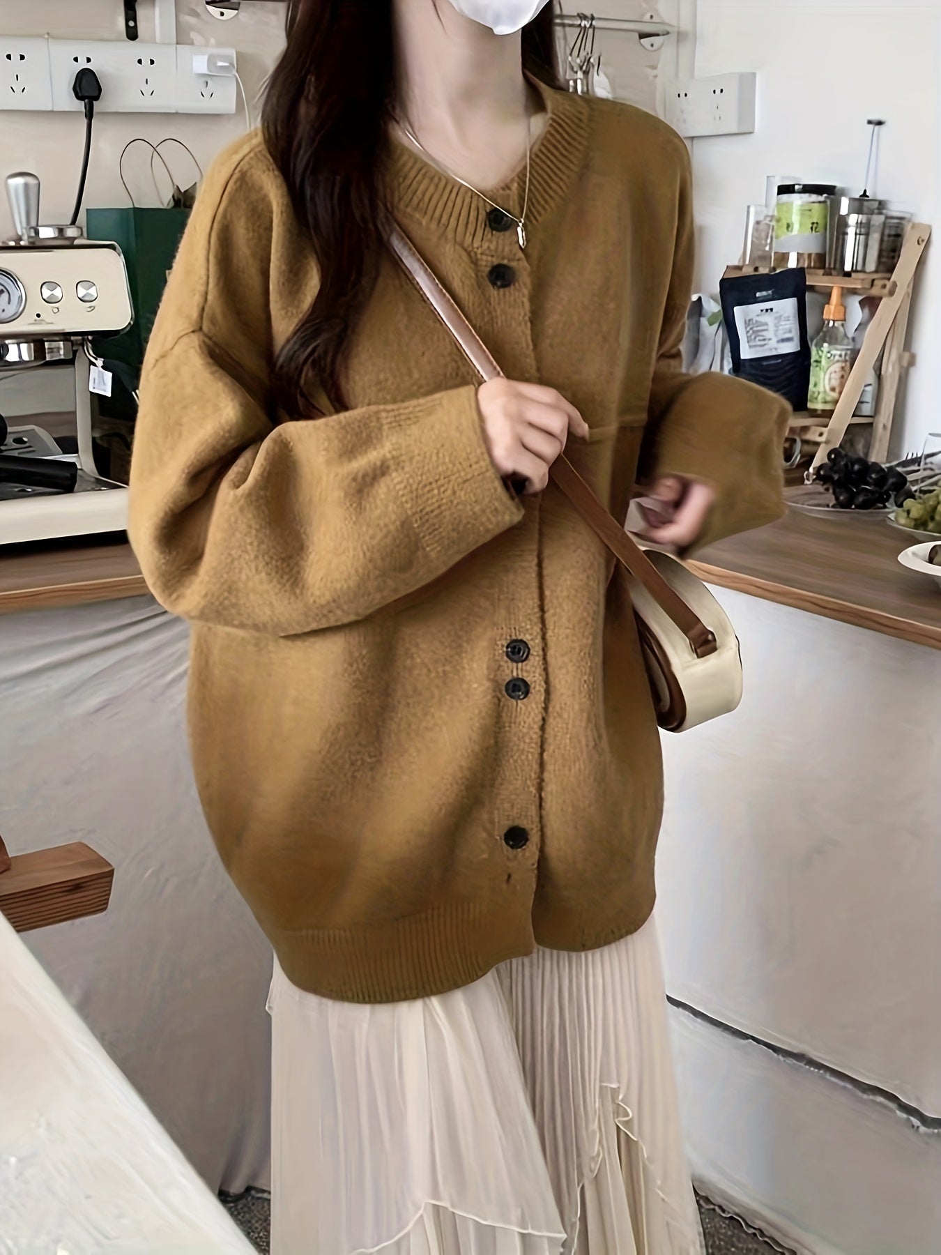 Sixsr Solid Button Down Knit Cardigan, Casual Long Sleeve Drop Shoulder Sweater, Women's Clothing