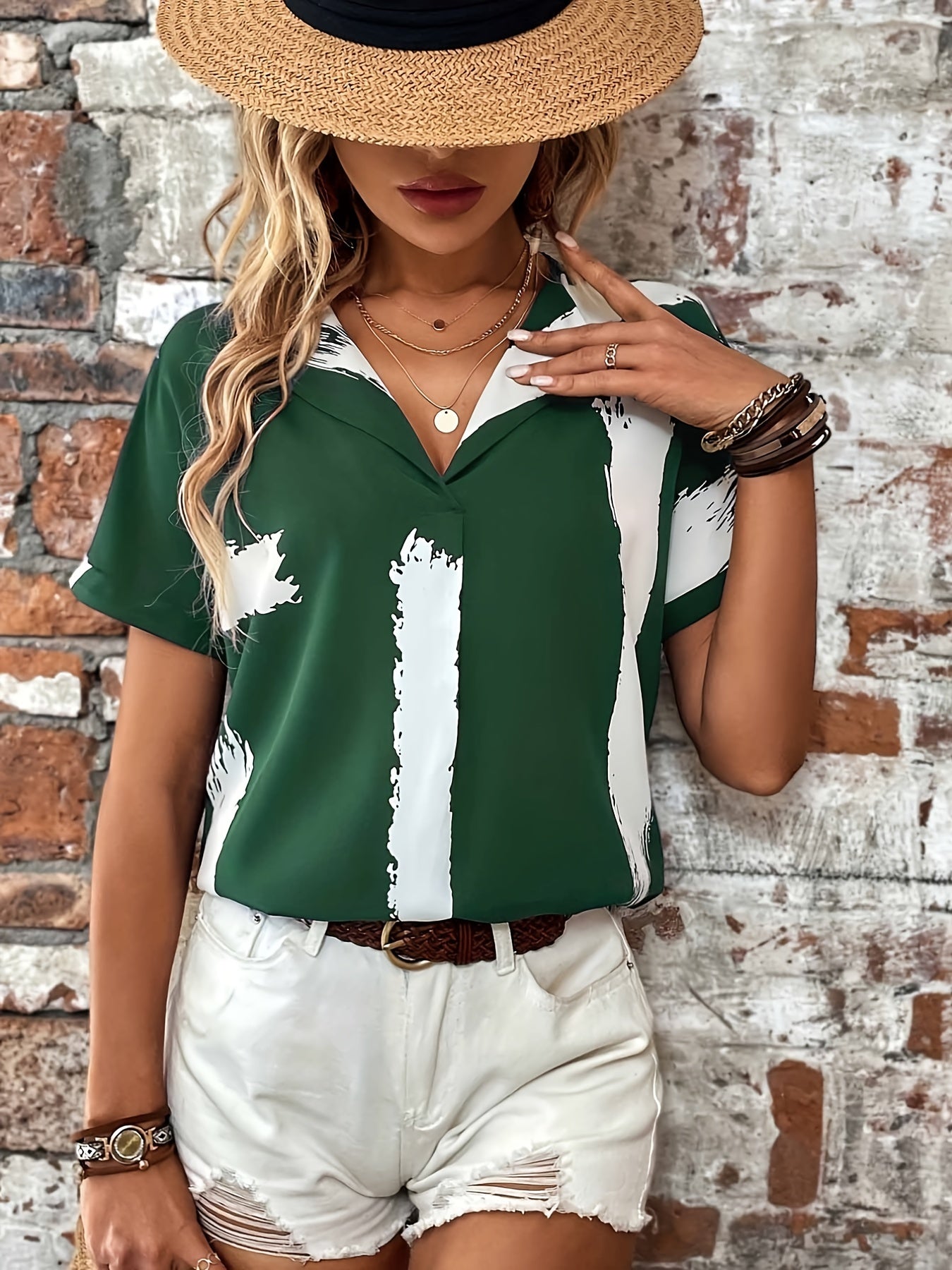 Sixsr Brush Print Loose Blouses, Casual V-neck Batwing Sleeve Shirts Tops, Women's Clothing