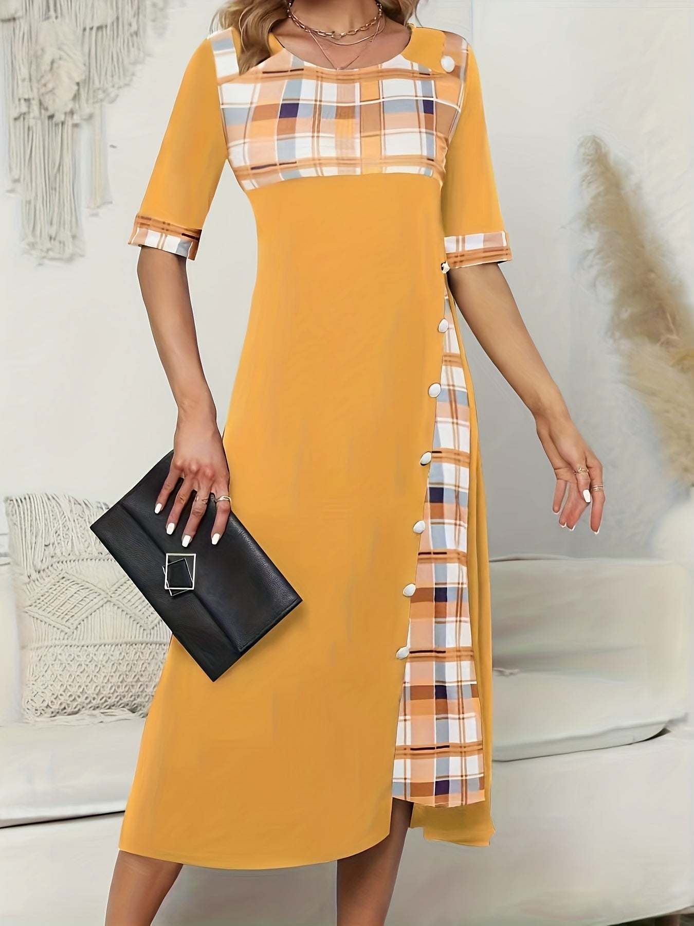 Sixsr Plus Size Casual Dress, Women's Plus Plaid Print Button Decor Short Sleeve Dress With Pockets
