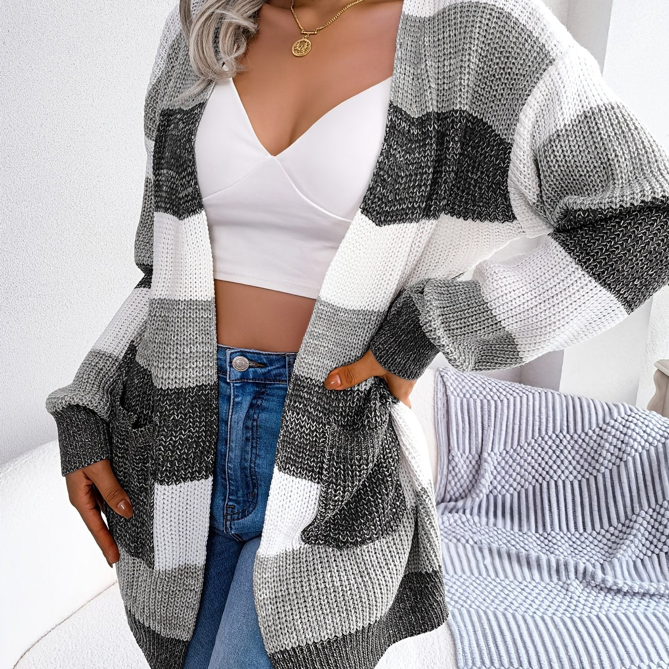 Sixsr Striped Colorblock V-neck Cardigans, Casual Loose Drop Shoulder Long Sleeve Fall Winter Knit Cardigan, Women's Clothing