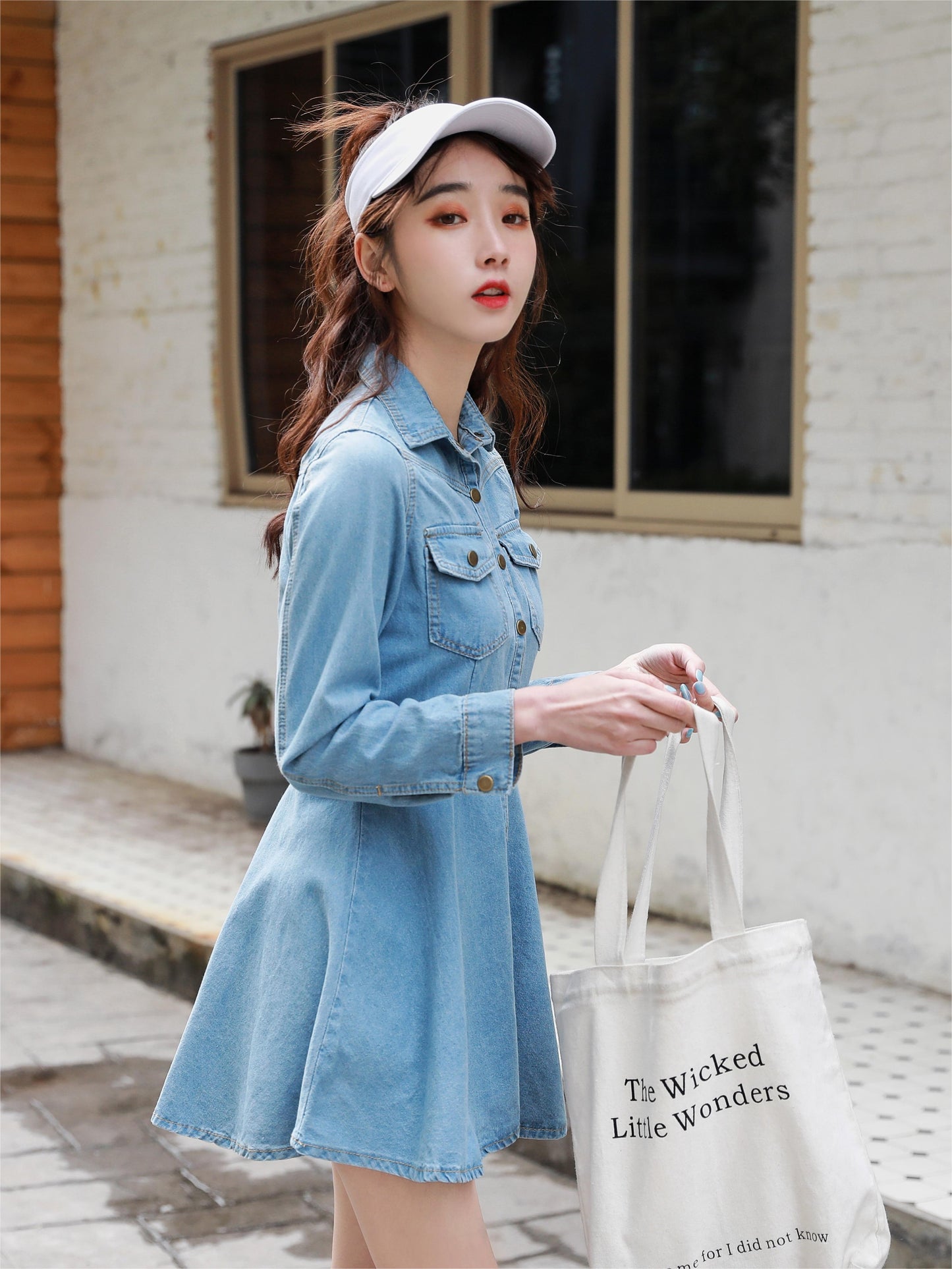 Sixsr Blue Flap Pockets Denim Dress, Long Sleeves Single Breasted Button Lapel Denim Dress, Women's Denim Clothing
