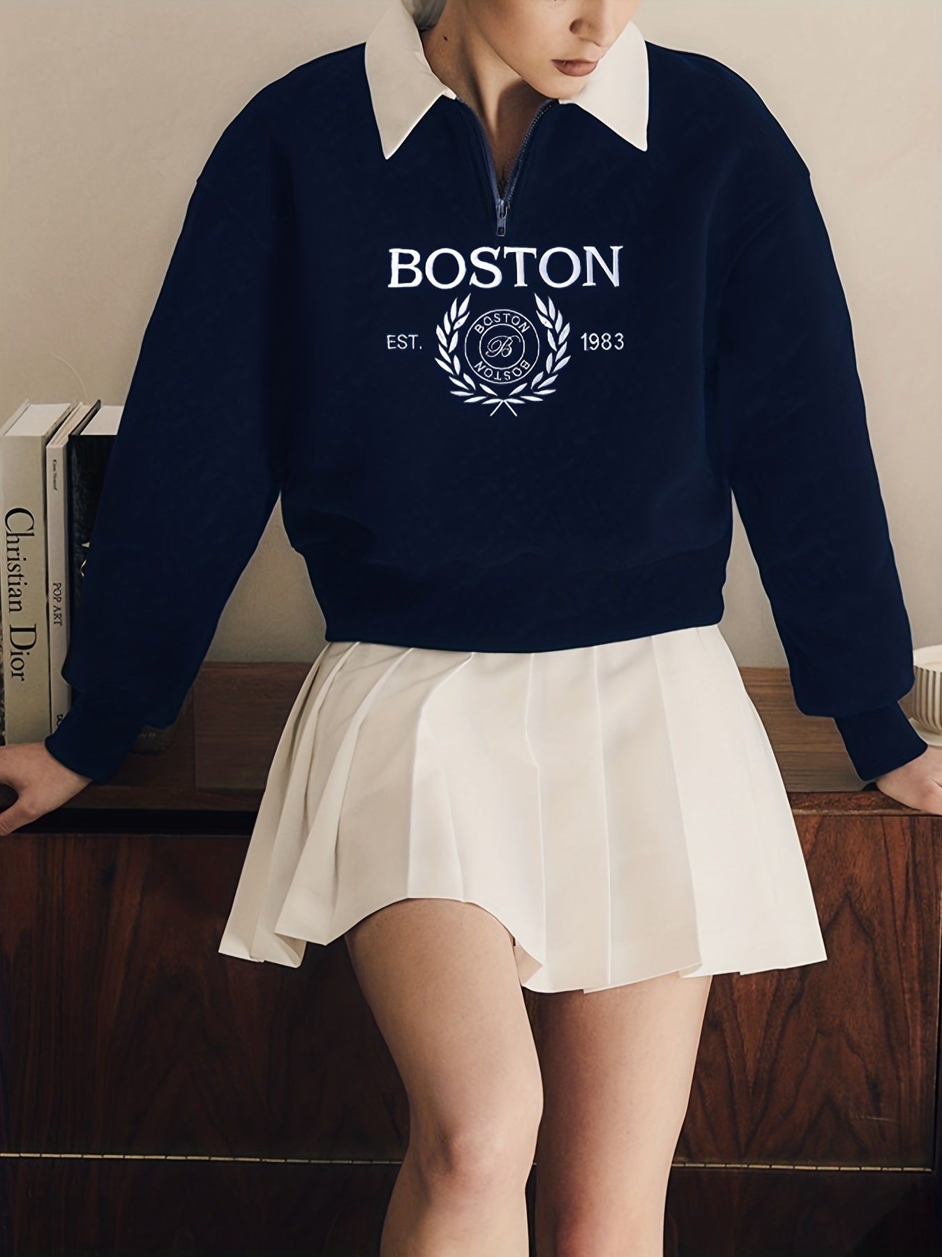 Sixsr Boston Print Zip Sweatshirt, Casual Long Sleeve Polo Collar Sweatshirt, Women's Clothing
