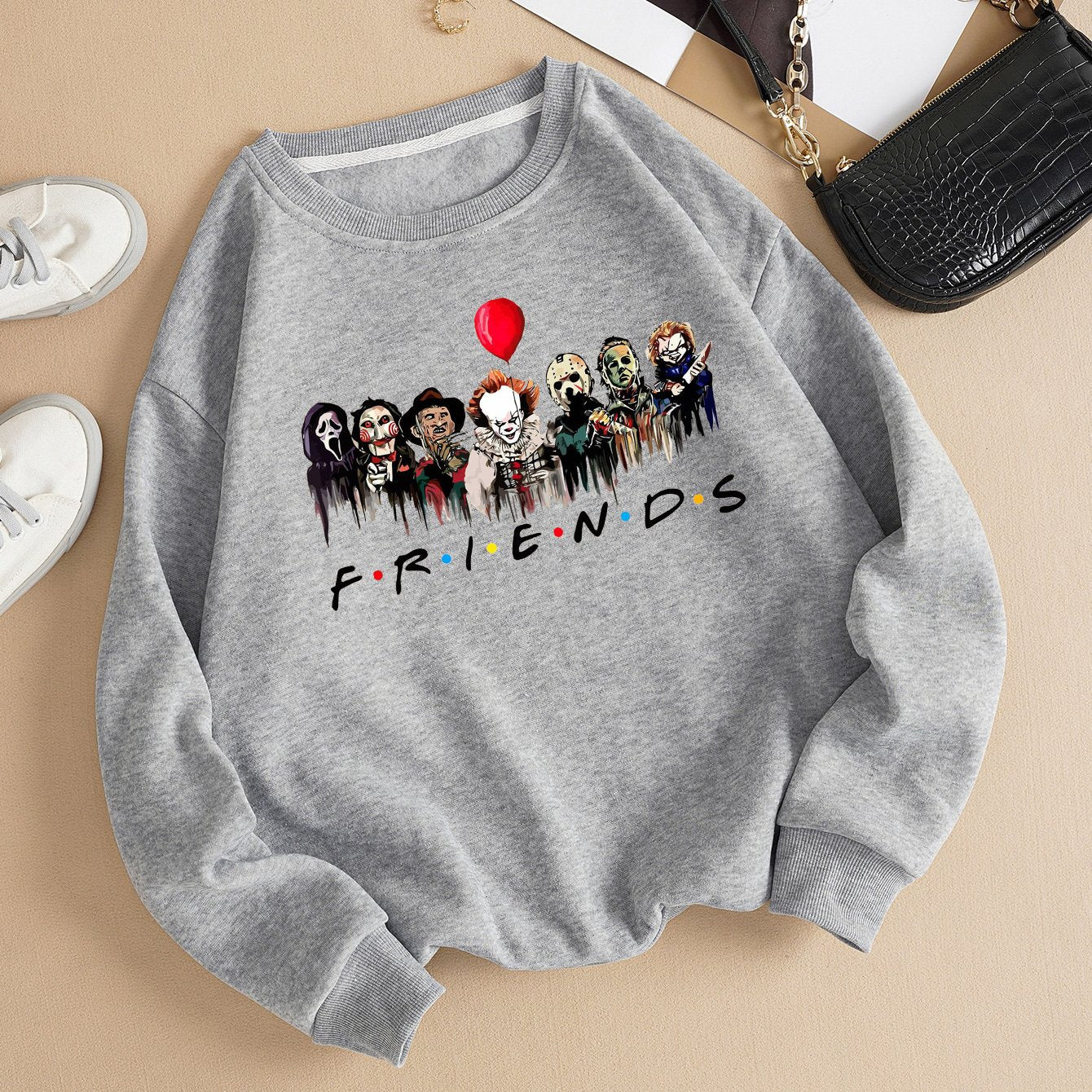 Sixsr Horror Characters Friends Graphic Print Round Neck Long Sleeve Pullover, Casual Drop Shoulder Comfy Sweatshirt, Women's Clothing