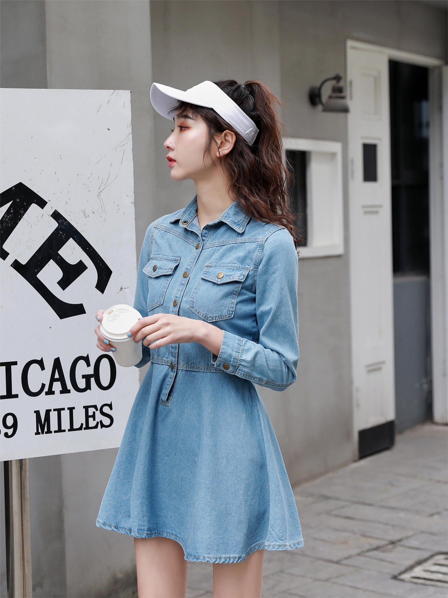 Sixsr Blue Flap Pockets Denim Dress, Long Sleeves Single Breasted Button Lapel Denim Dress, Women's Denim Clothing