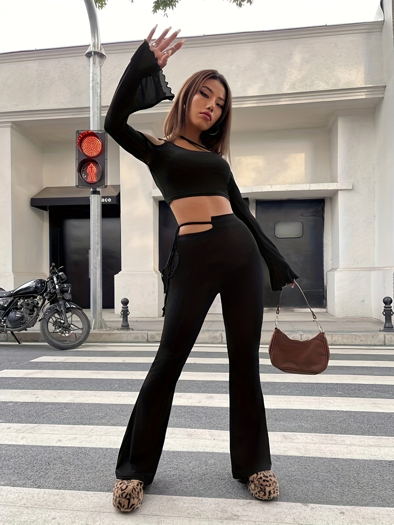Sixsr Long Sleeve Mesh Crop T-Shirt, Casual Top For Summer & Spring, Women's Clothing