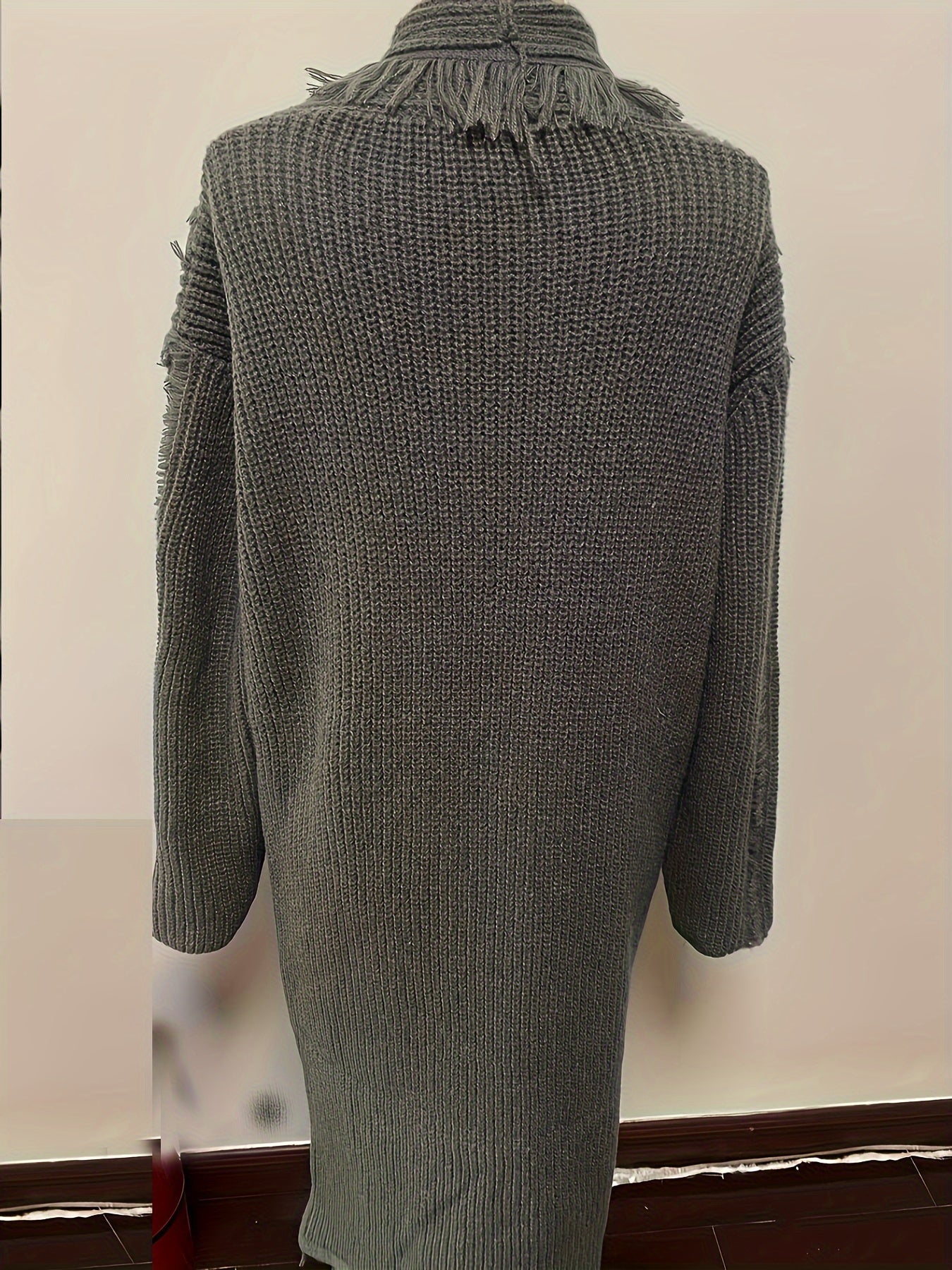 Sixsr Solid Color Open Front Loose Cardigans , Elegant Side Pockets Tassel Long Sleeve Top For Every Day, Women's Clothing