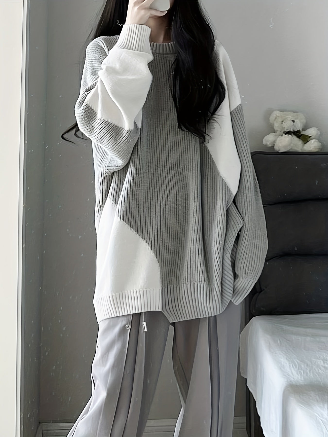Sixsr Color Block Oversized Pullover Sweater, Casual Crew Neck Long Sleeve Sweater, Women's Clothing