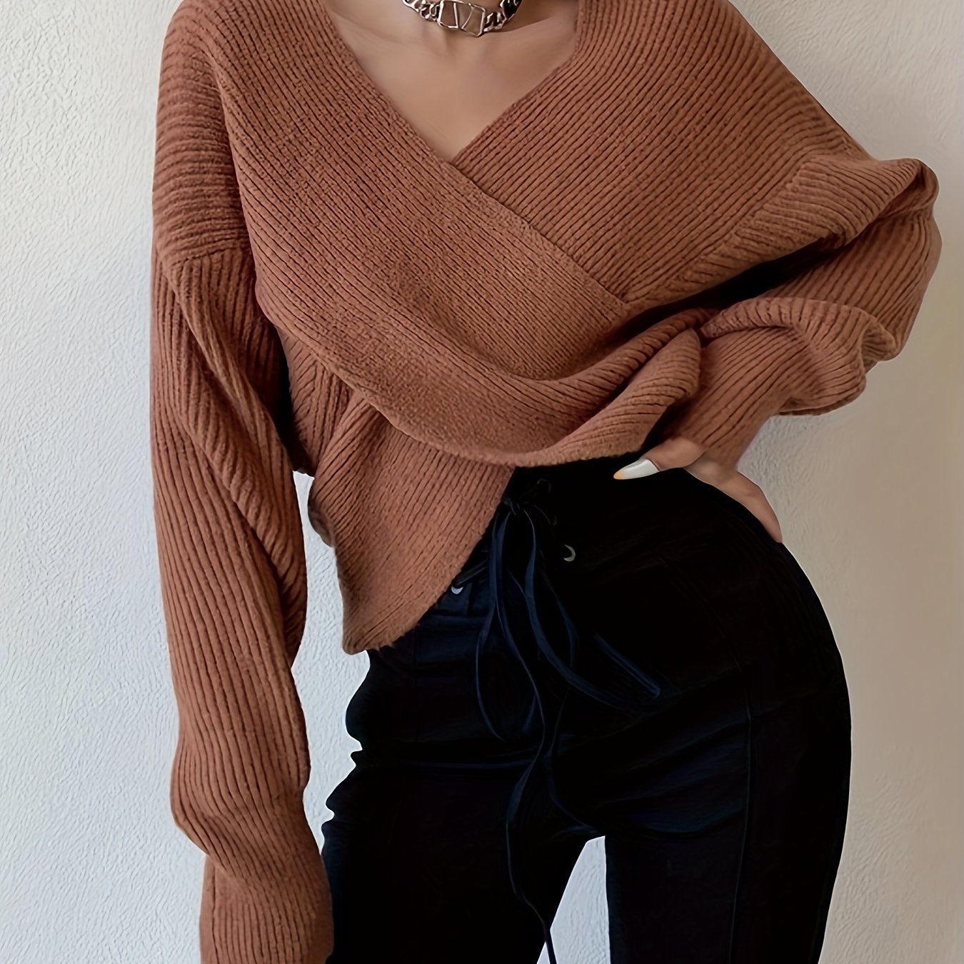 Sixsr Solid Cross Front Knit Sweater, Sexy V Neck Long Sleeve Loose Fashion Sweater, Women's Clothing