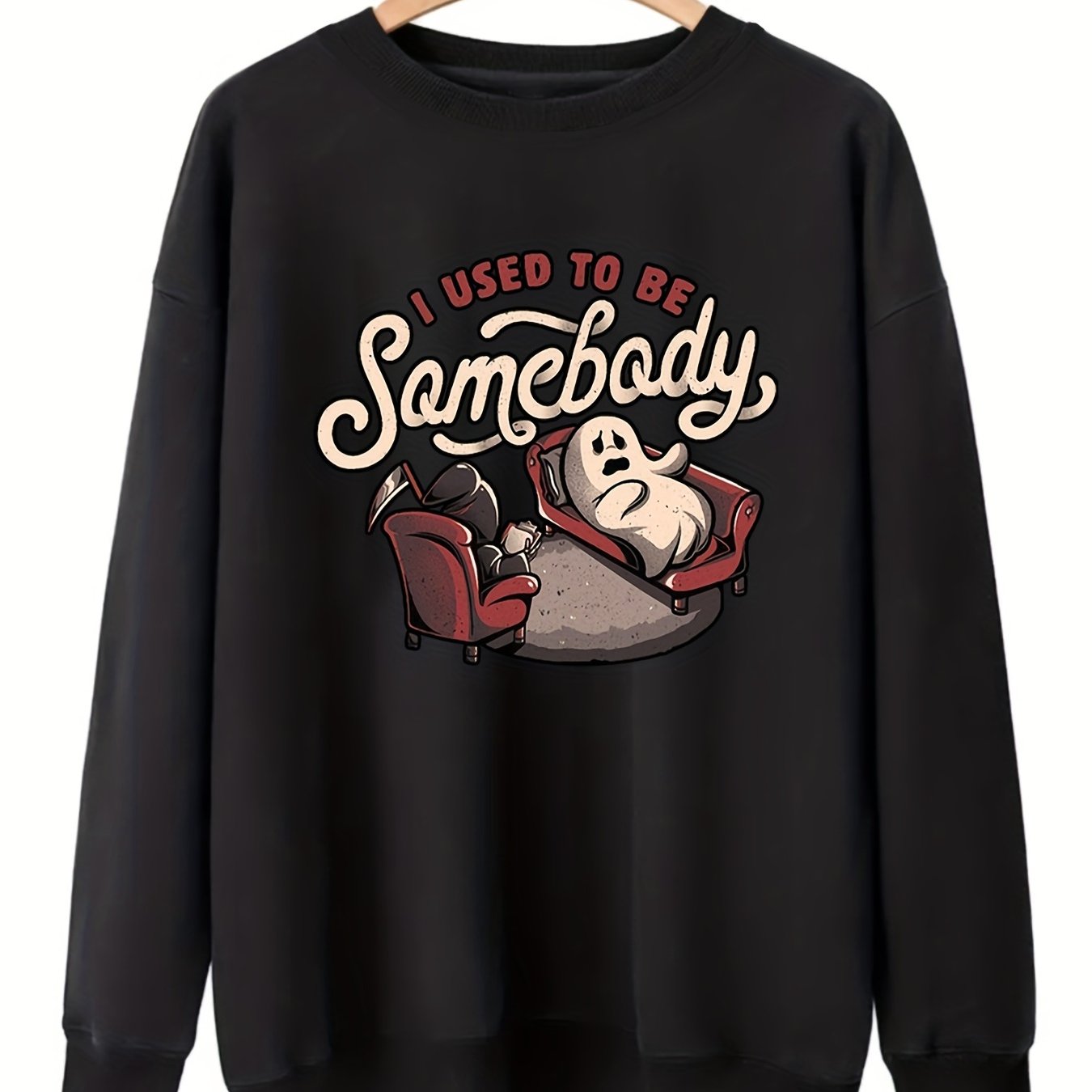 Sixsr Plus Size Halloween Sweatshirt, Women's Plus Funny Ghost & Slogan Print Long Sleeve Round Neck Slight Stretch Party Sweatshirt