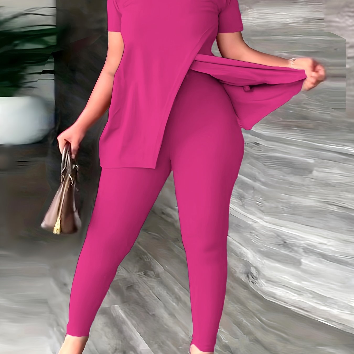 Women's two-piece Solid Casual Set - Split Short Sleeve Tee & High Waist Slim Pants Outfit for Comfortable and Stylish Look