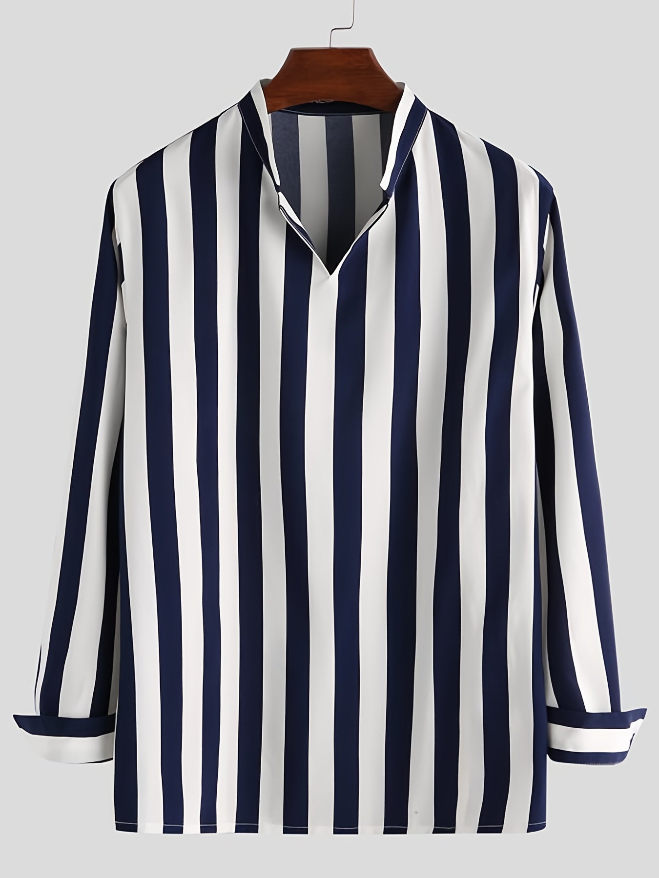 Sixsr Men's Casual Stripe V Neck Long Sleeve Shirt With No Button, Male Clothes For Spring And Summer