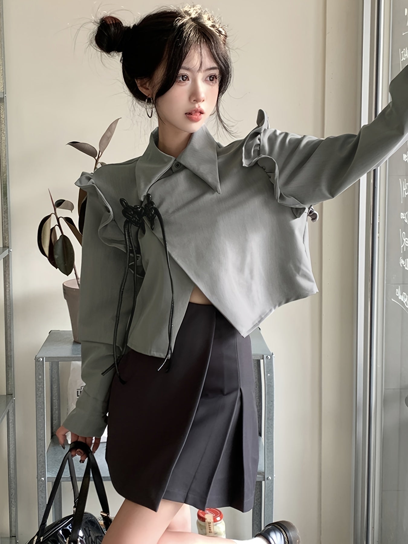 Sixsr Solid Asymmetrical Hem Blouse, Casual Ruffle Trim Long Sleeve Blouse For Spring & Fall, Women's Clothing