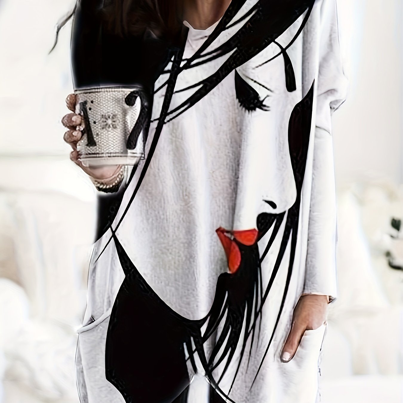 Sixsr Plus Size Casual Top, Women's Plus Figure Print Long Sleeve V Neck Slight Stretch Tunic Top With Pockets