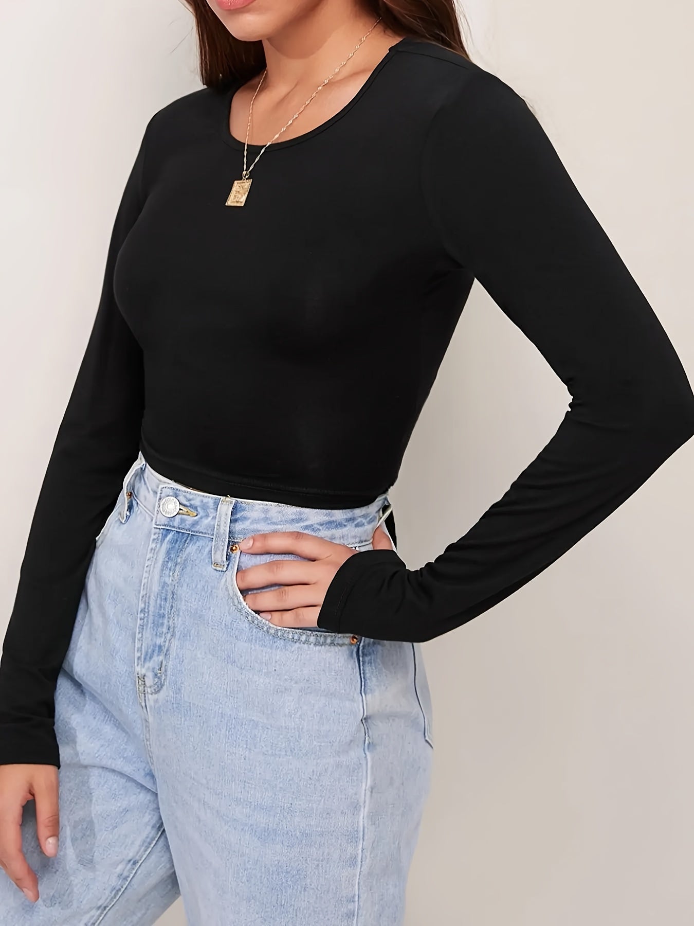 Sixsr Solid Crew Neck Crop T-Shirt, Casual Long Sleeve Tie Back T-Shirt For Spring & Fall, Women's Clothing