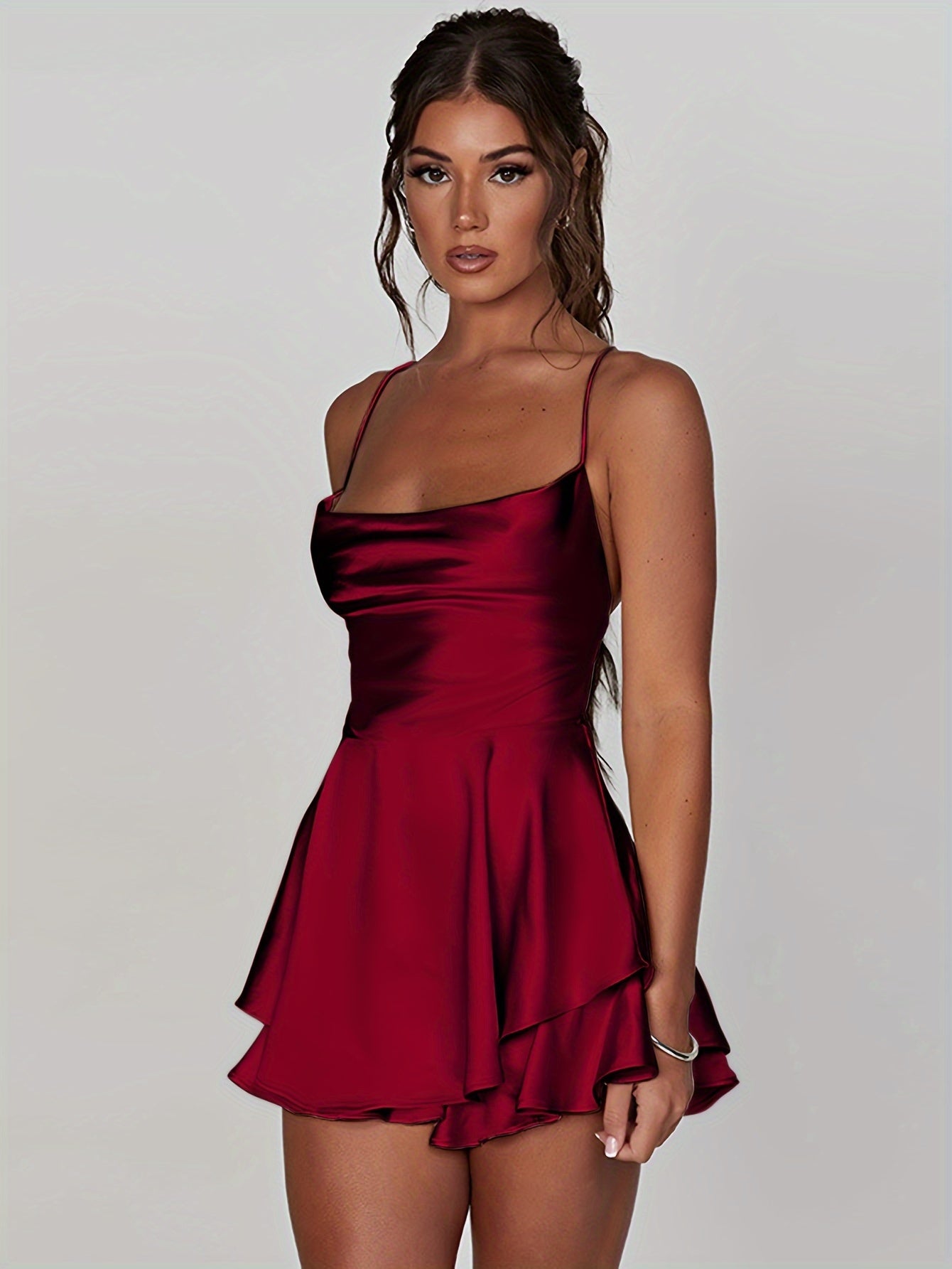 Sixsr Backless Spaghetti Strap Tiered Dress, Stylish Cowl Neck A-line Mini Dress, Women's Clothing