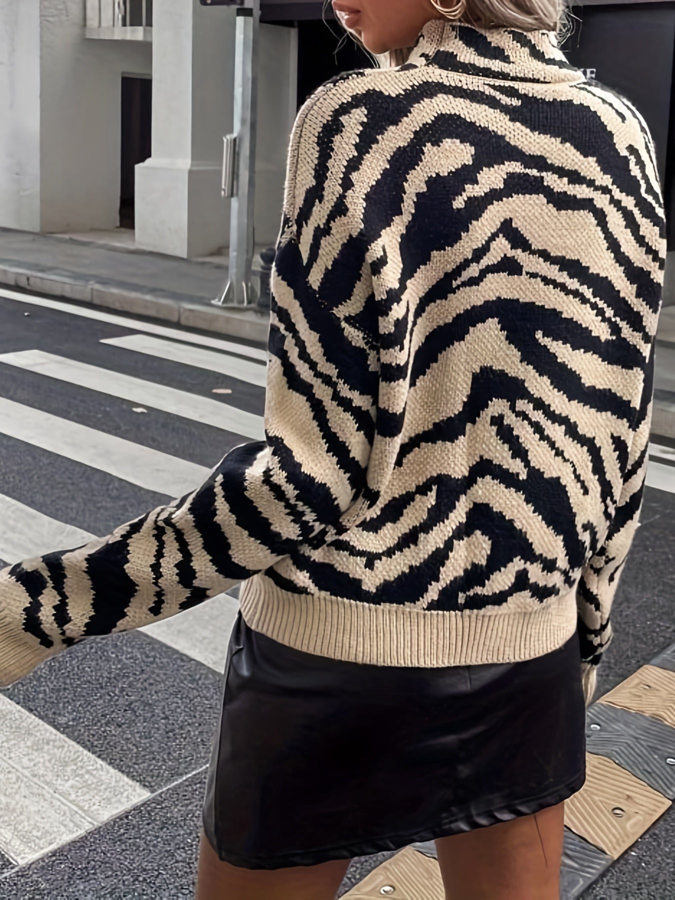 Sixsr Zebra Pattern Mock Neck Pullover Sweater, Casual Long Sleeve Sweater For Fall & Winter, Women's Clothing